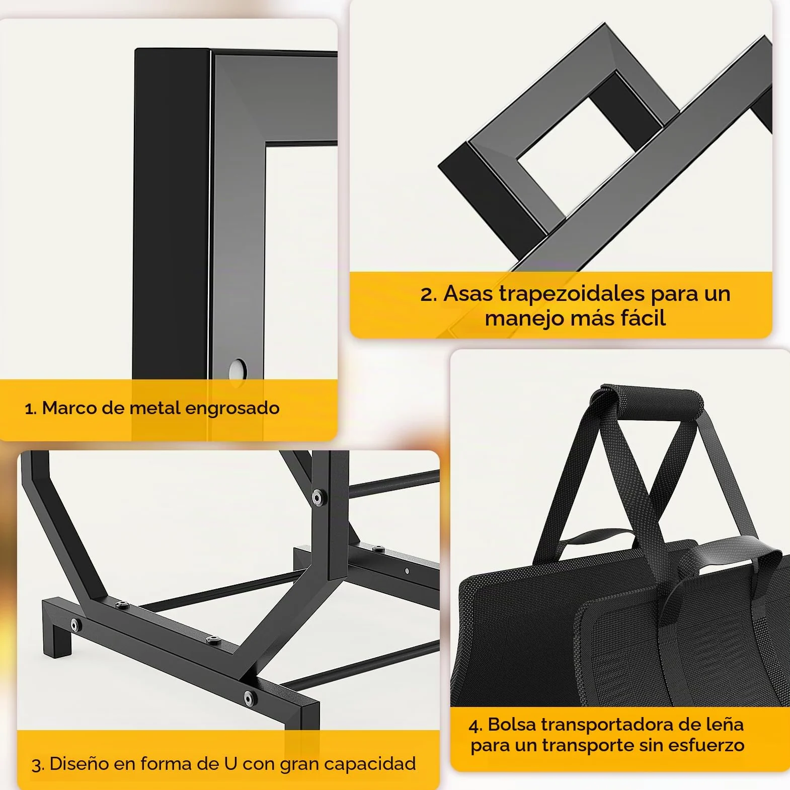 Leñero en Forma de U Reforzado Leñero Interior Exterior Metal 250lbs 4 Patas con Bolsa Transporte para Chimenea Jardín 43x53x33cm Negro Antideslizante