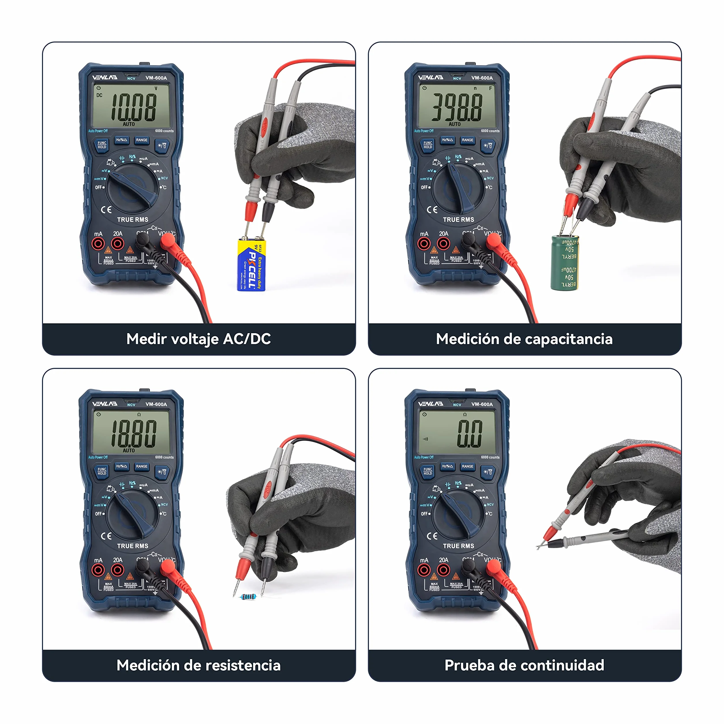 VENLAB Multímetro Digital TRMS 6000 Cuentas VM-600A Voltímetro CC/CA Resistencia Diodo Continuidad Capacitancia Temperatura