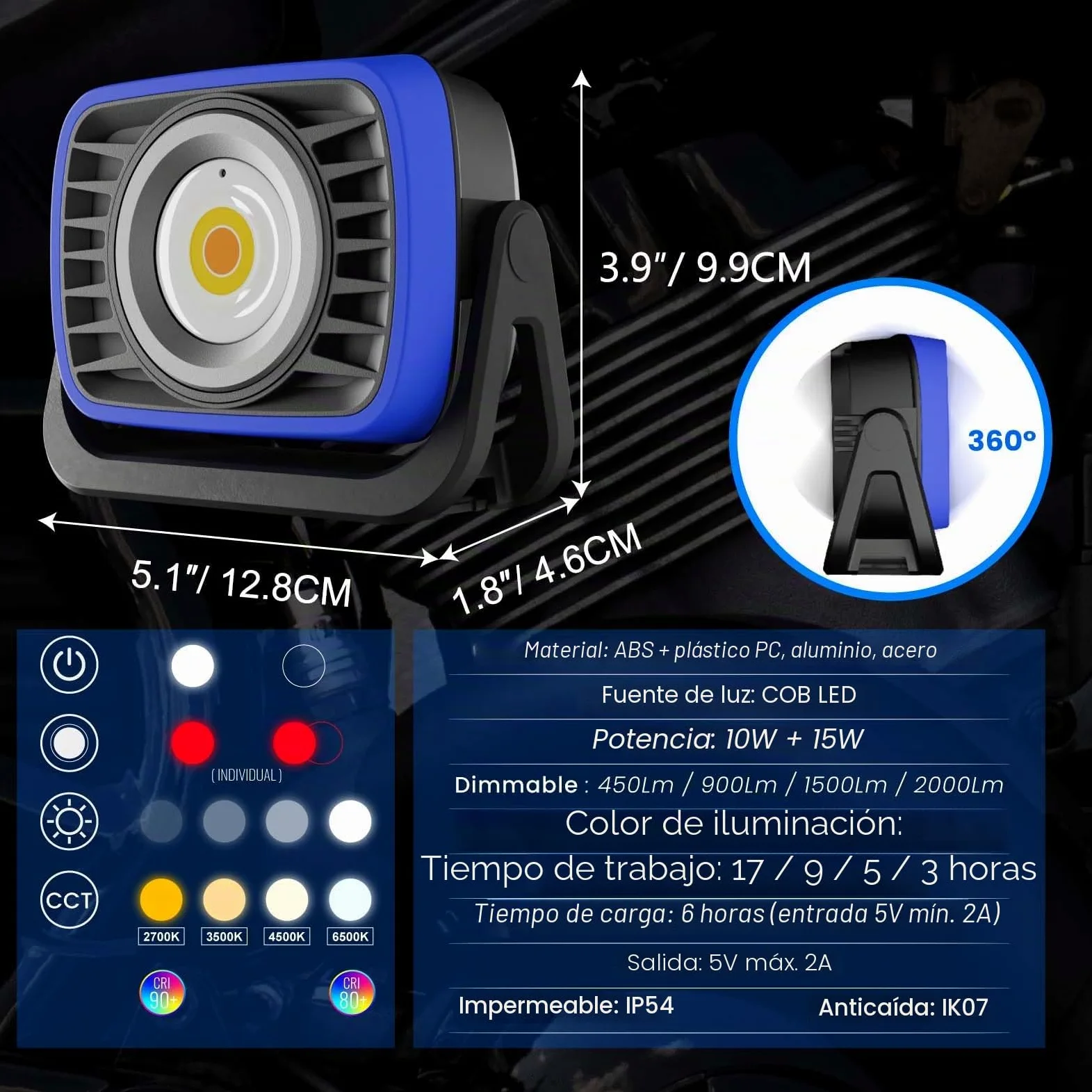 Foco de Trabajo LED Recargable, Luz de Trabajo Portátil Magnética LED COB 2000Lm, 4 Colores de Iluminación, Para Reparación de Automóviles Construcción Camping