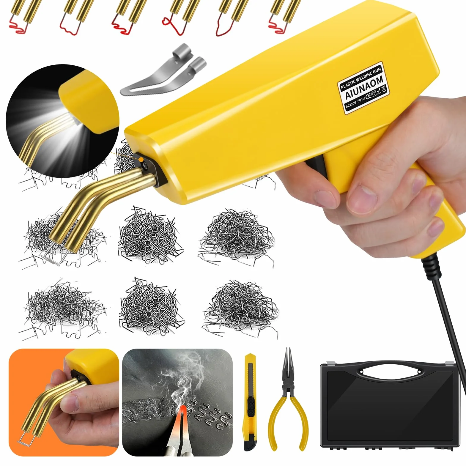 AIUNAOM 230W Soudure Plastique 2 en 1 Kit de Soudage avec 6 Types de 900Pcs Agrafes et 1Pcs Outil de Lissage pour Réparer les Pare-chocs de Voiture et d'Autres Pièces en Plastique