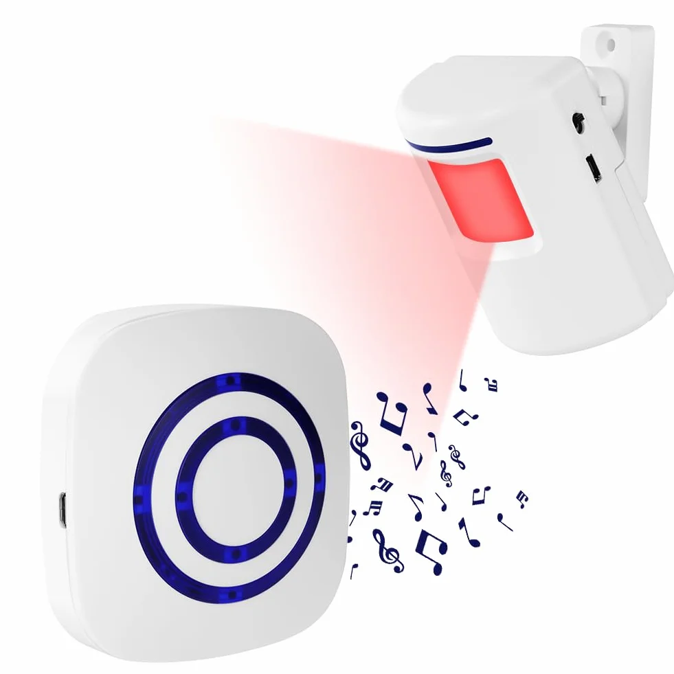 AXFEE Detector de Movimiento Interior PIR, 4 Niveles Volumen, 38 Melodías Alarma Seguridad para Casa Garaje