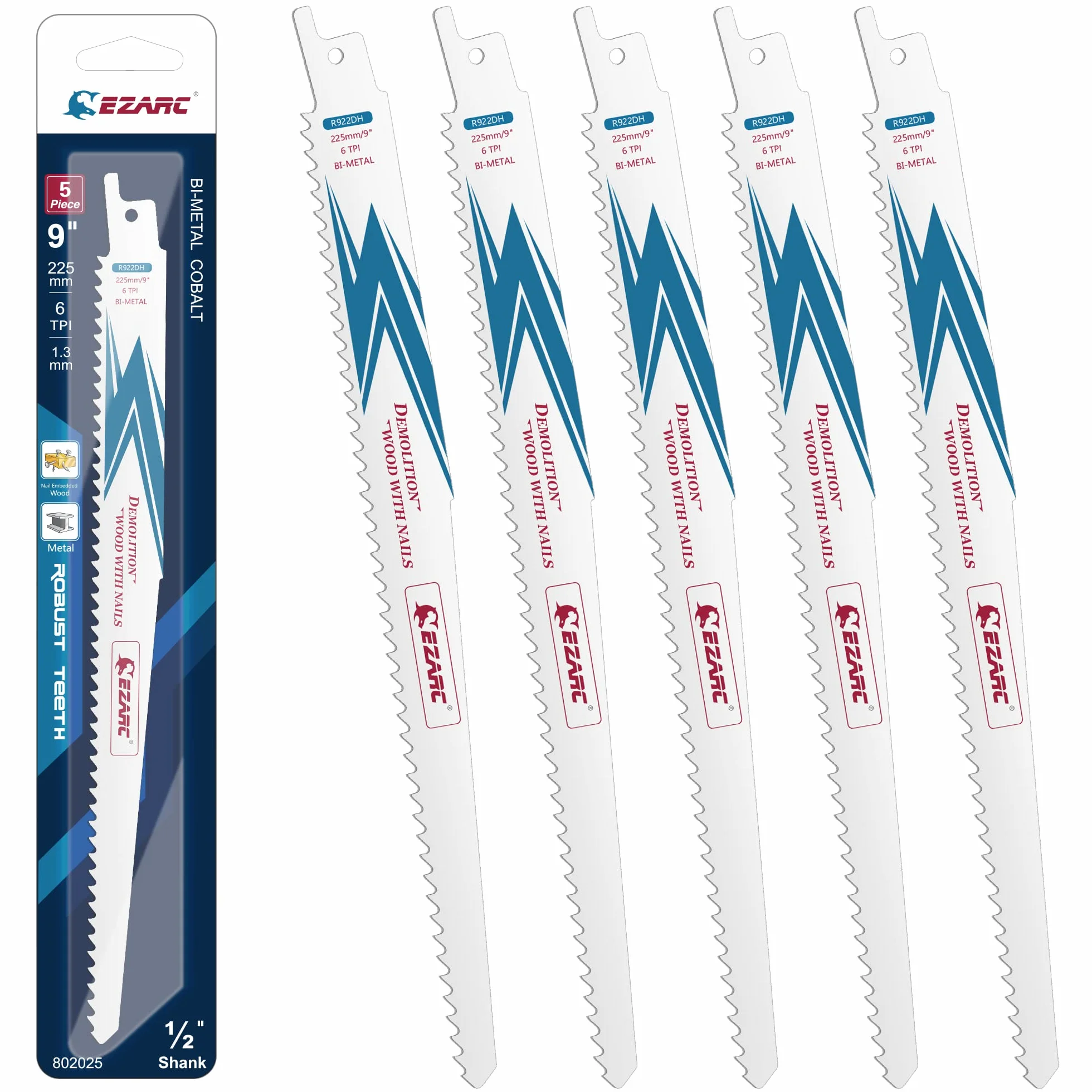 EZARC Hojas de sierra sable Bimetálica Cobalt R922DH 225mm 6TPI - 5 piezas