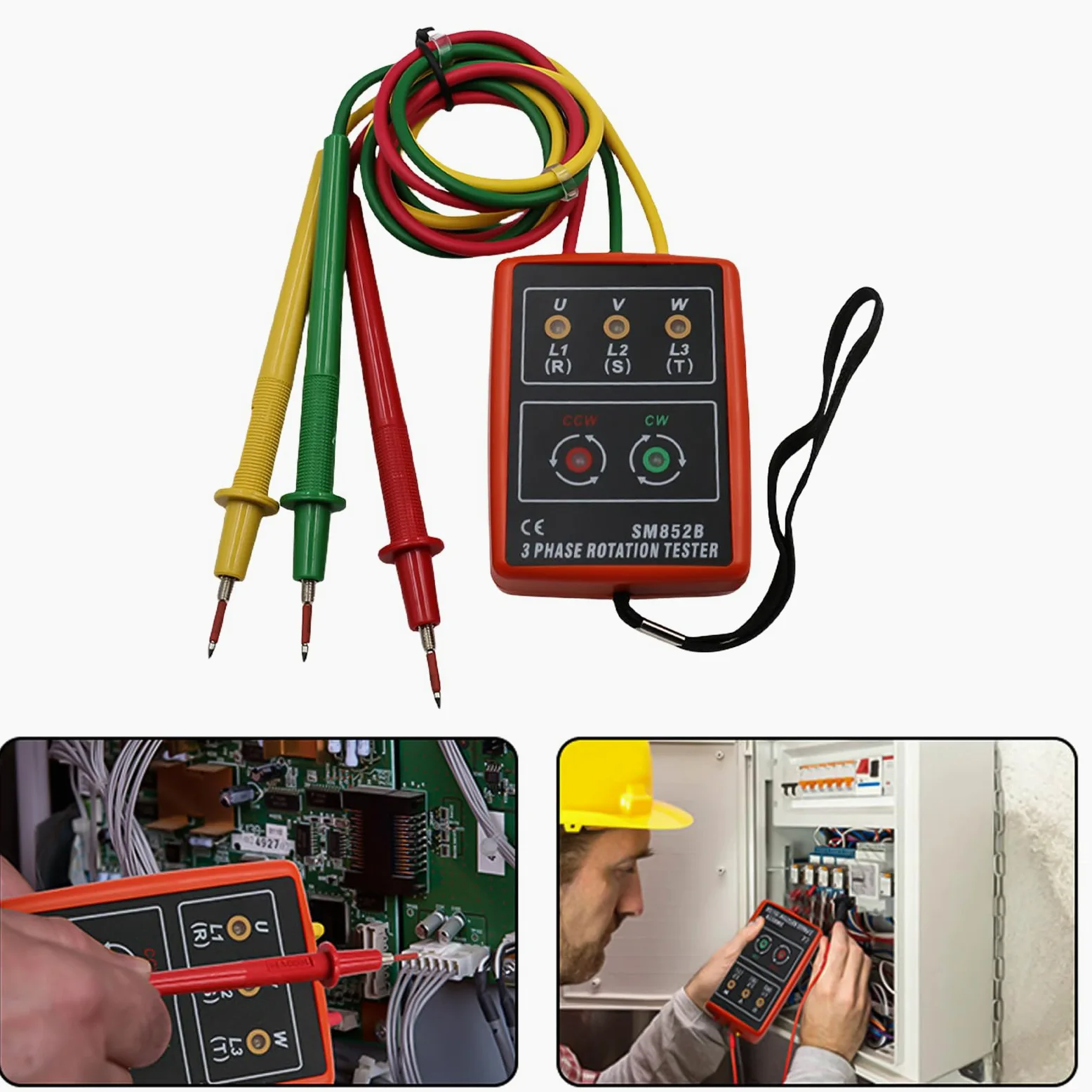 Comprobador de fase portátil de 3 fases: medidor de campo giratorio CA 60 V ~ 600 V, 3 fases de rotación probador, comprobador de voltaje con probador de zumbador y pinzas de cocodrilo adecuado