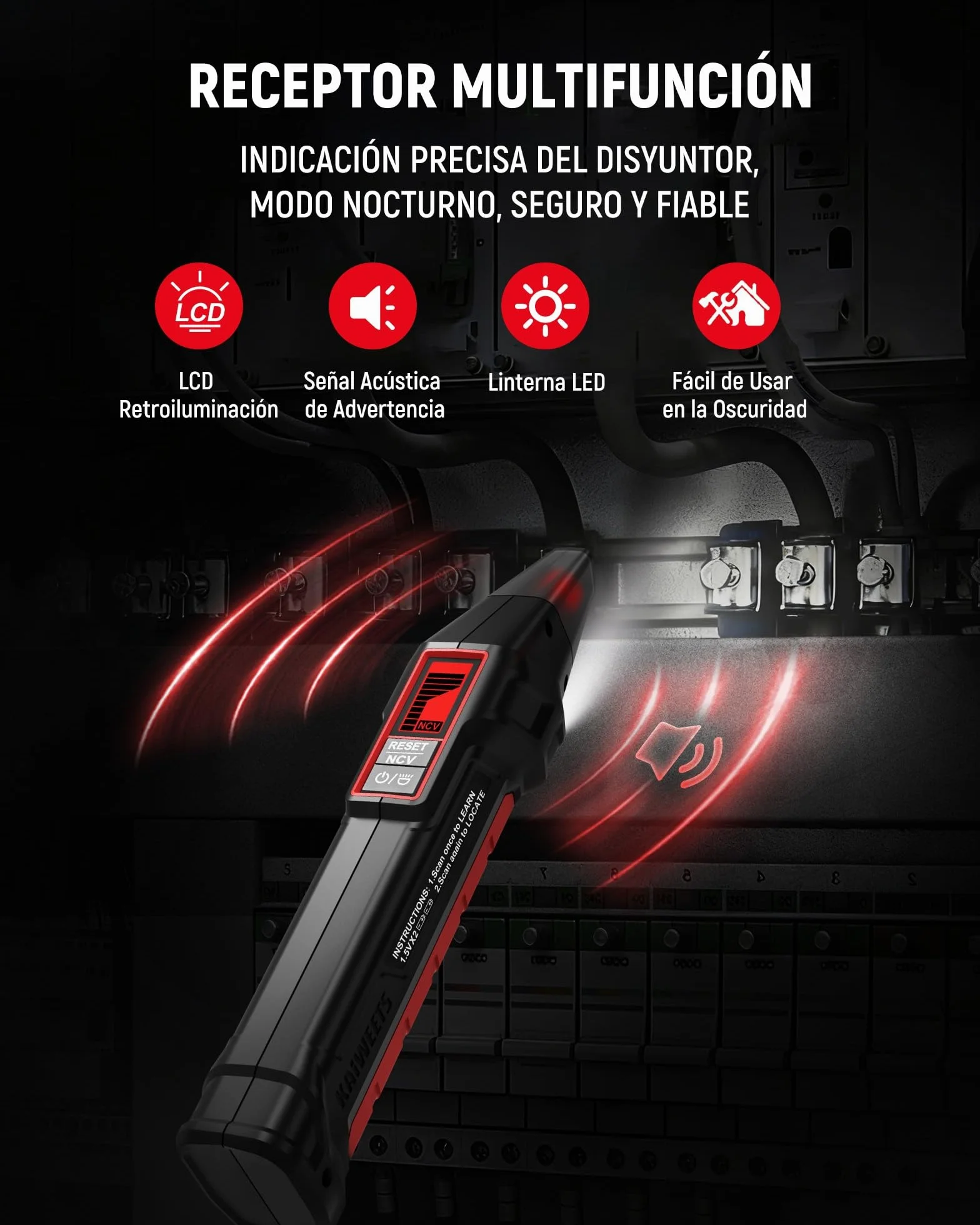 KAIWEETS Localizador de Disyuntores Pantalla LCD, Comprobador Enchufes Prueba RCD Verificación Cableado, Detector Cables NCV Linterna LED