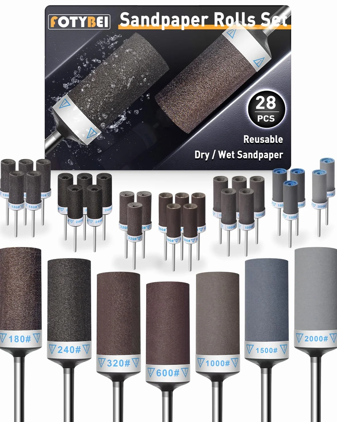 Tambores de Lijado para Herramienta Rotativa Dremel, 28 piezas Mangas de Lijado con vástago de 1/8", Tambores lijadores de 180/240/320/600/1000/1500/2000 Granos para Pulido y lijado de Metal