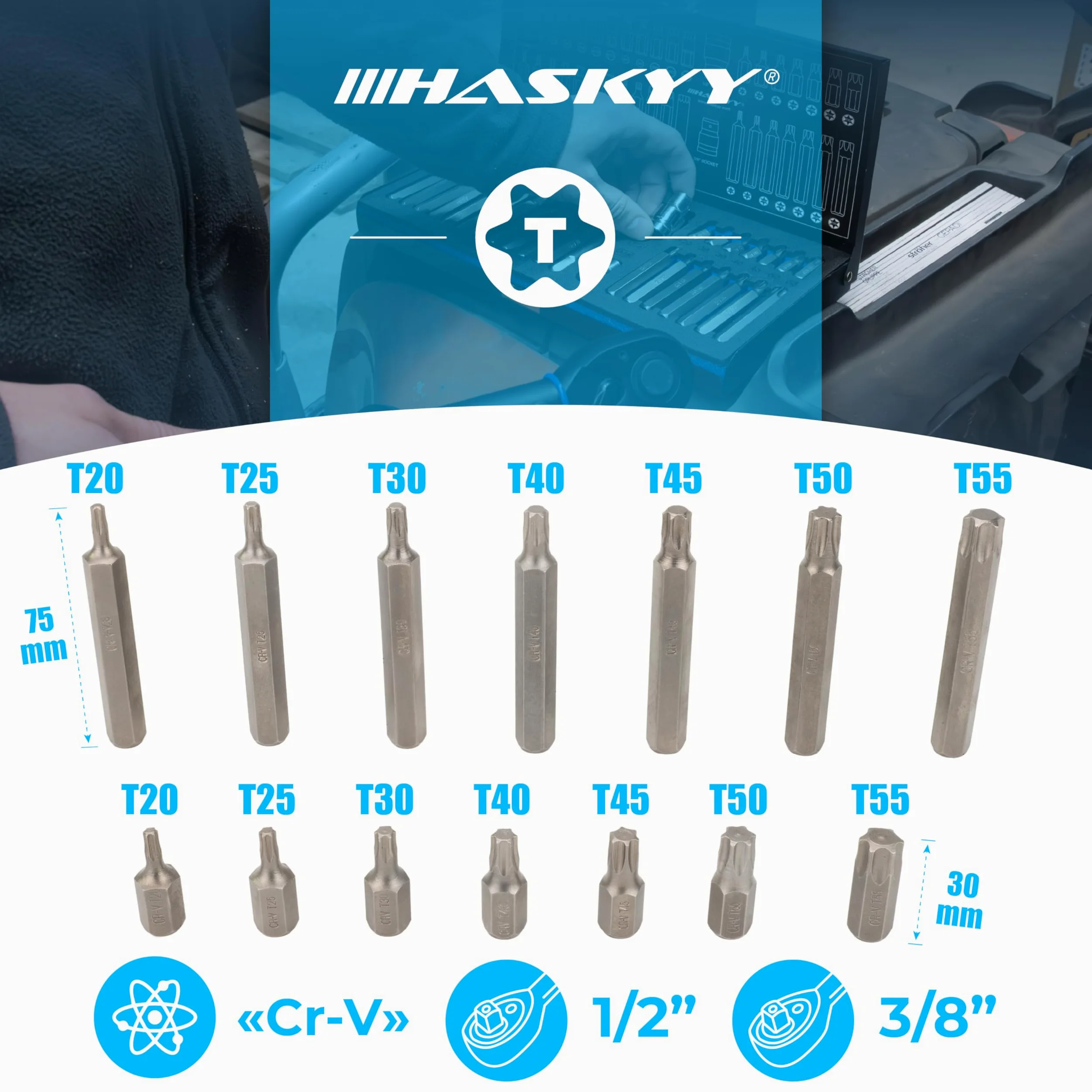 HASKYY 40 piezas Torx llaves // Torx: T20 T25 T30 T40 T45 T50 T55 - M5 M6 M8 M10 M12