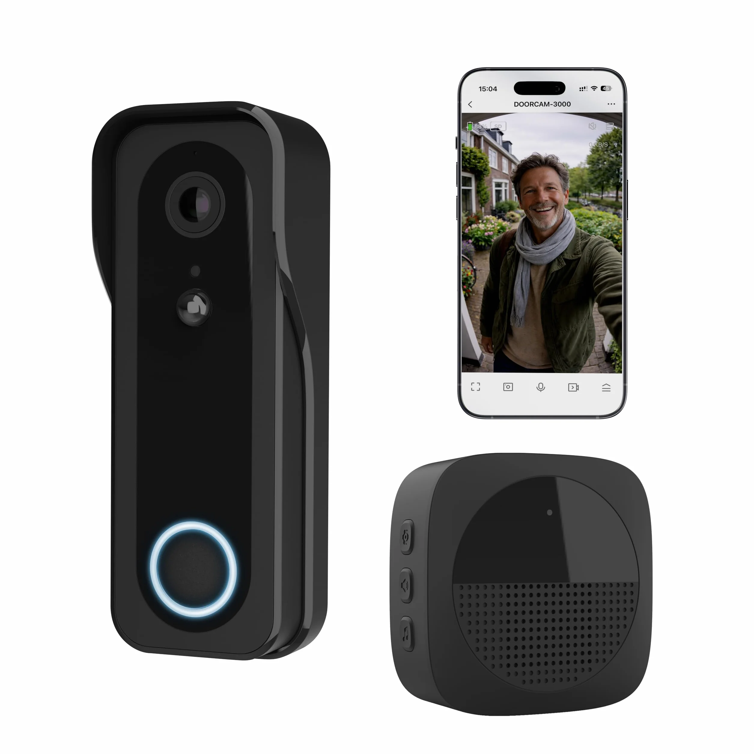 Trust Timbre Exterior Inalámbrico con Cámara 2K HD 3MP y Chime, 2.4GHz WiFi, Audio Bidireccional, Detección de Personas, Impermeable, Visión Nocturna, Control vía App, con Timbre Inalámbrico, Negro