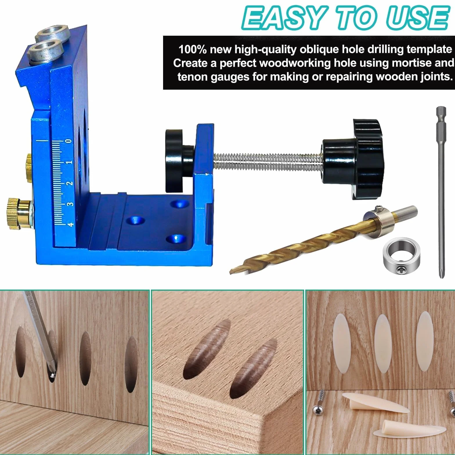Ajustable Guia taladro, Azul Retirable Pocket Hole Jig, Plantilla Perforación Agujeros Bolsillo con 2 Brocas de 9 mm, para Carpintería y Fabricación de Muebles (Azul)