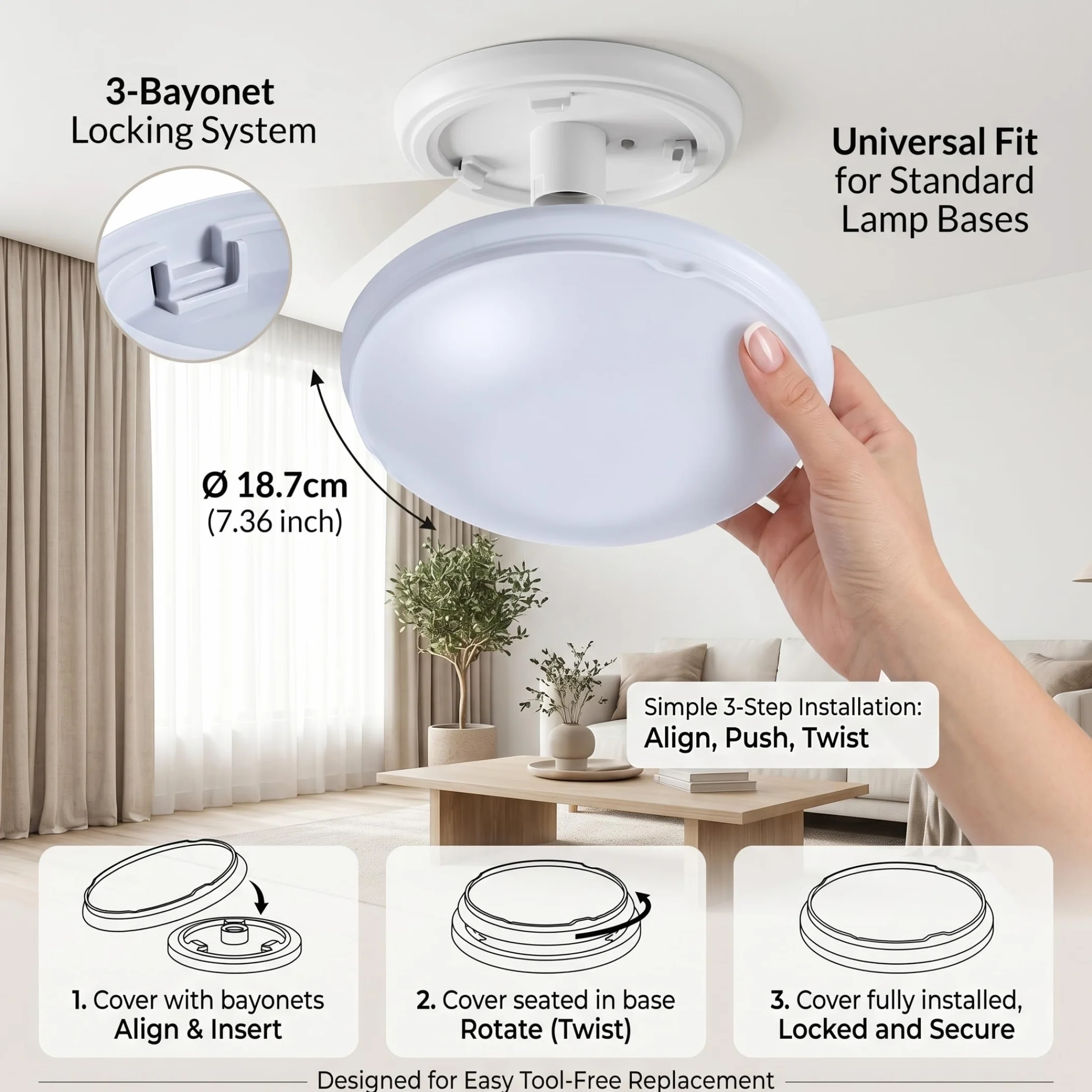 Reemplazo de globo para ventilador de techo cubierta de luz para ventilador de techo resistente a roturas globo acrílico de repuesto bloqueo de 3 giros se adapta a 7 36 pulgadas