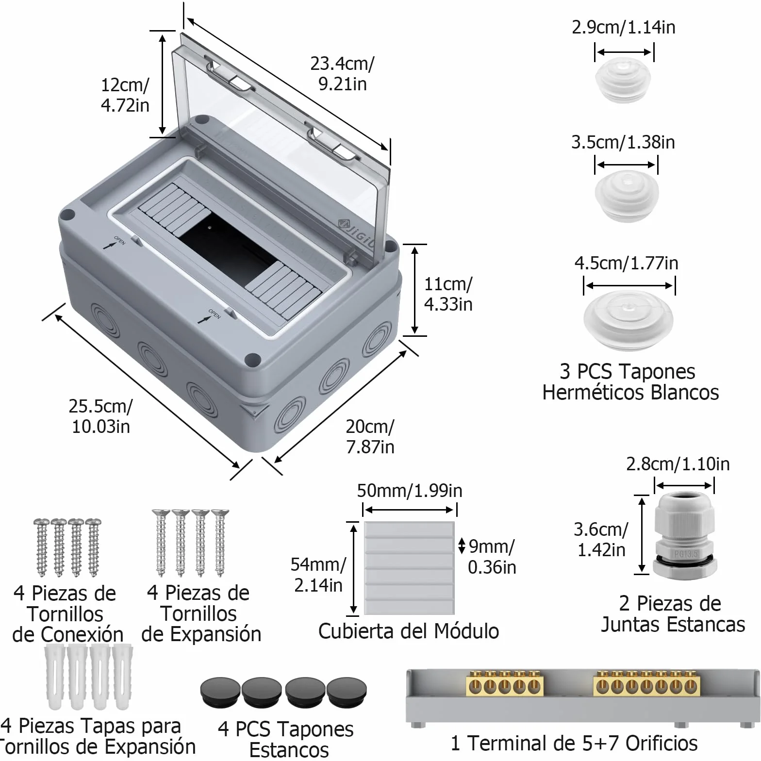 JiGiU Caja de Distribución de 12 Módulos, Caja de Fusibles Empotrada IP65, Carcasa Impermeable y Resistente a la Humedad Material ABSpara para Jardines, Columnas de Carga (255 * 200 * 110mm)