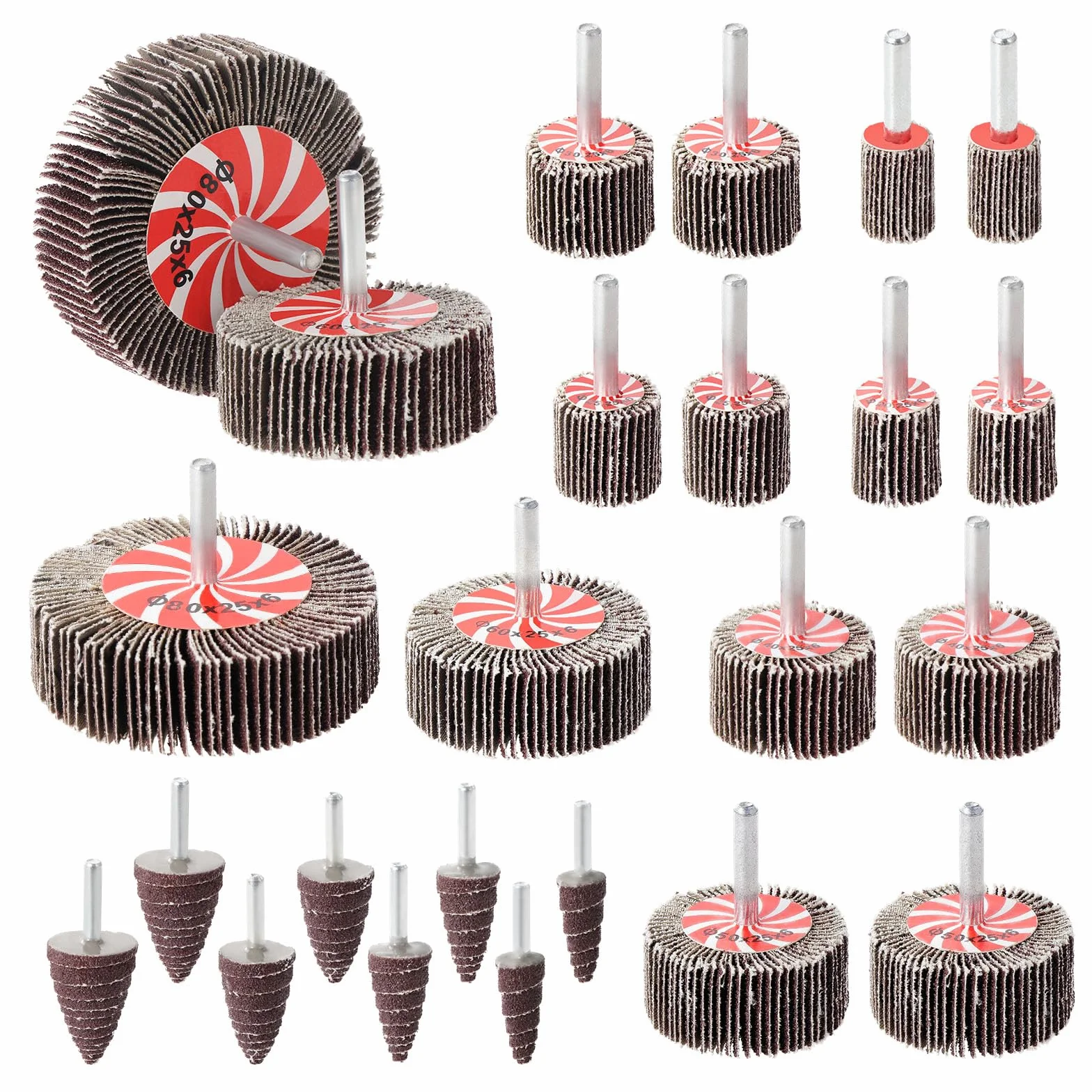 HSEAMALL Juego de 24 ruedas giratorias abrasivas, 80 ruedas de grit Flap Wheels de 1/4 pulgadas para herramientas giratorias de perforación