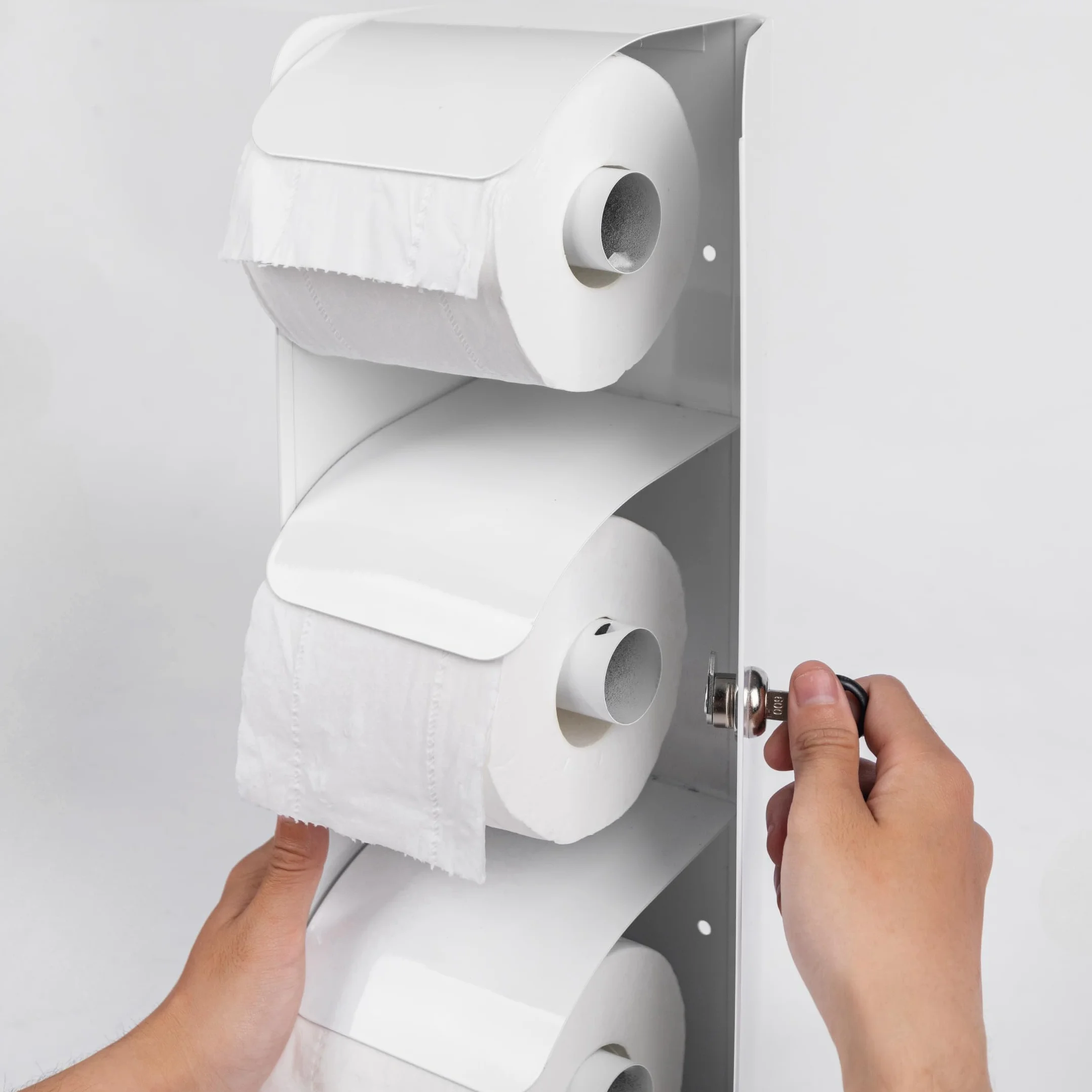 Dispensador comercial de papel higiénico de acero inoxidable, soporte para 3 rollos con cerradura, montaje en pared, opción de rollo doble, color blanco