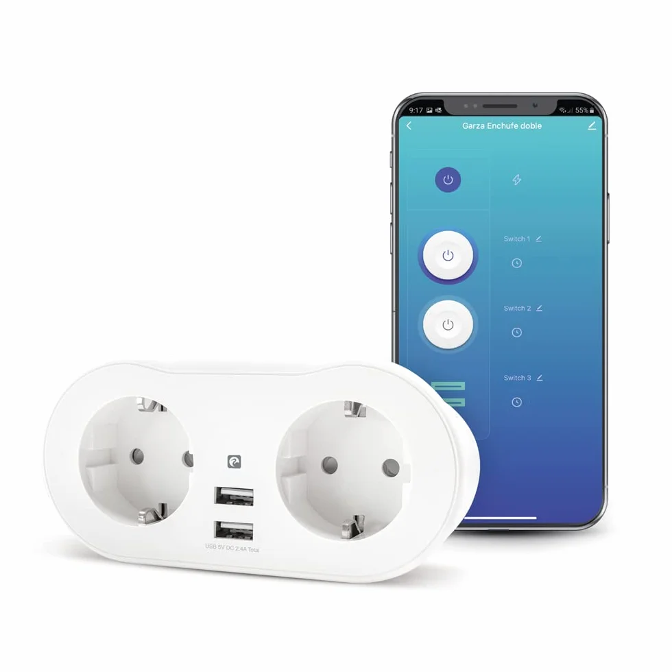 Garza Smart, Enchufe Wifi doble inteligente con 2 tomas y 2 puertos USB, programable, WiFi 2.4 GHz, con medidor de consumo, control remoto por app y por voz Alexa/Google, color blanco