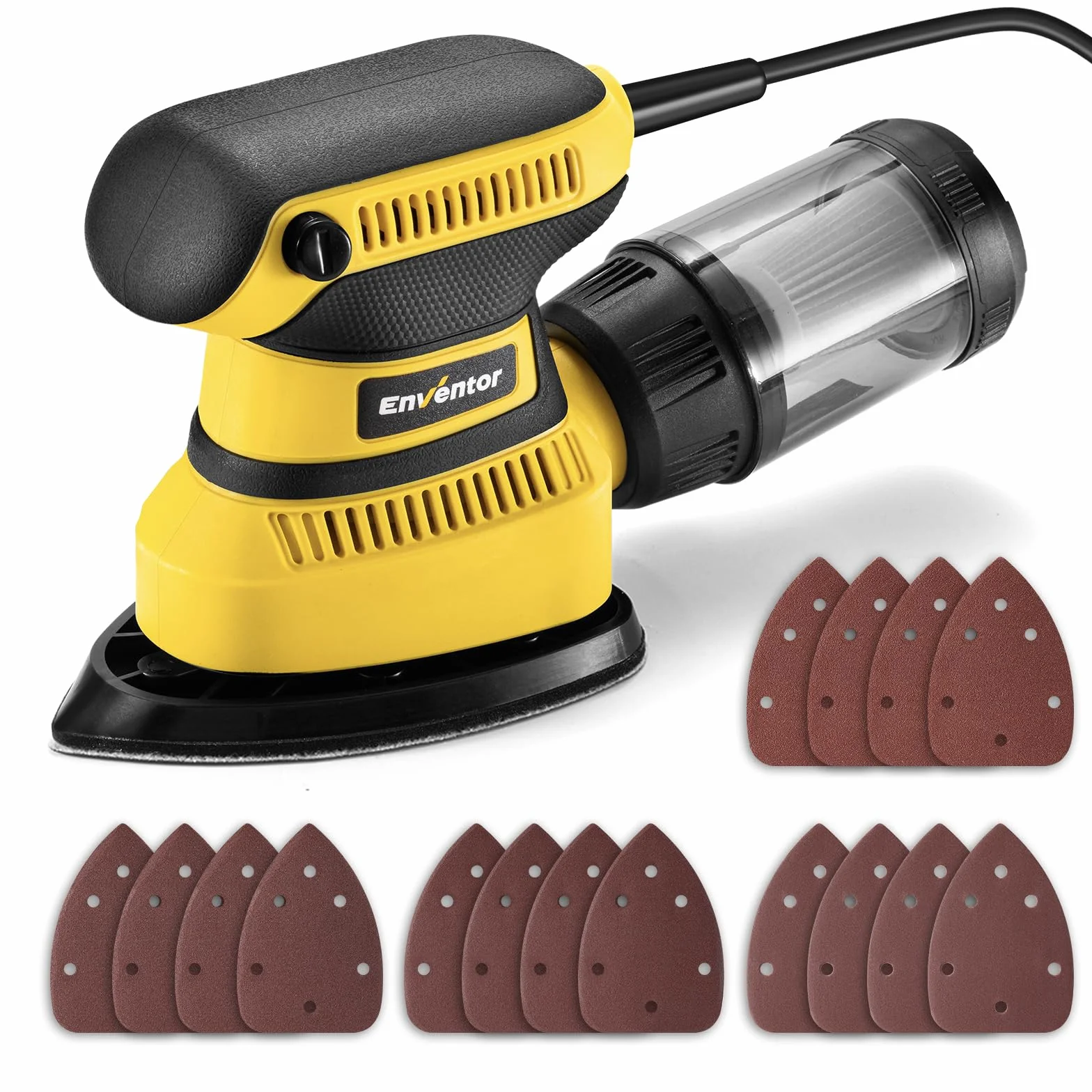 Enventor Lijadora Mouse 210W, Lijadora Madera con Velocidad 15000RPM, 16PCS Lija (80, 120, 180, 240 Grit), con Caja de Polvo, Lijadoras Delta Electrica para Lijar y Pulir Madera y Metal