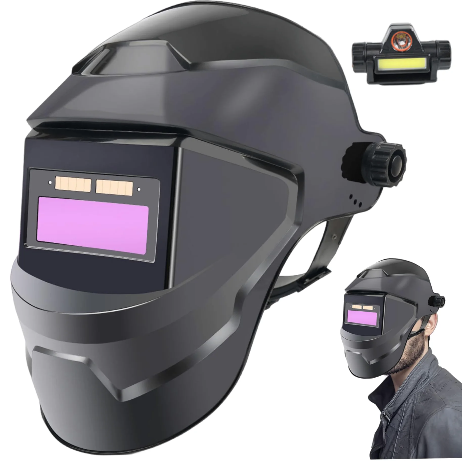 Casco de Soldadura con oscurecimiento automático, máscara de Soldadura LCD con energía Solar y Linterna Frontal, Capucha de Transpirable, Ajustable y Resistente al Calor con diseño Gira