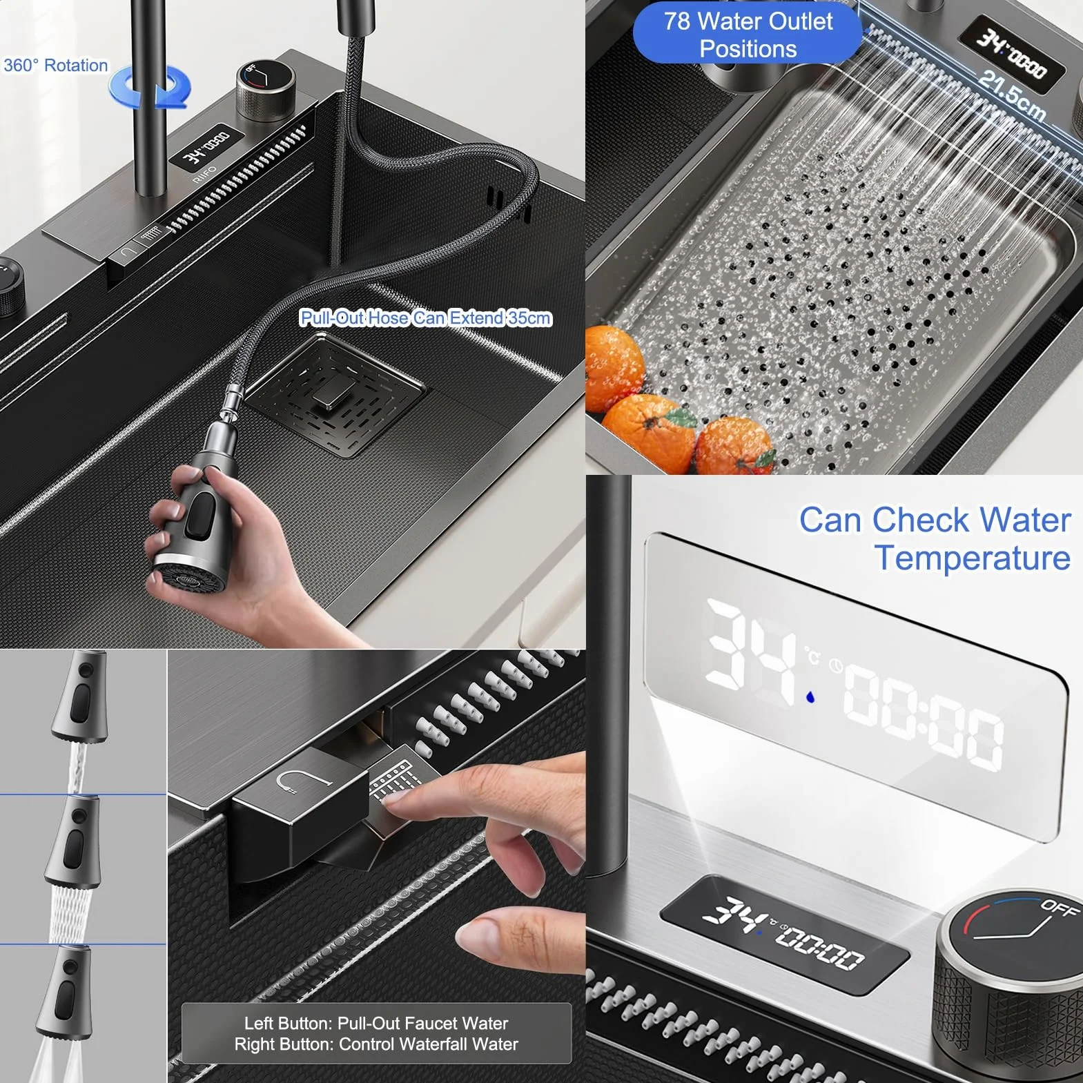 Fregadero De Cocina De Acero Inoxidable Con Cascada Y Grifo Extraíble Fregadero De Un Solo Tazón Con Montaje Superior Con Revestimiento Nanométrico Con Accesorios, Lavadora De Ollas A Presión, Tabla D