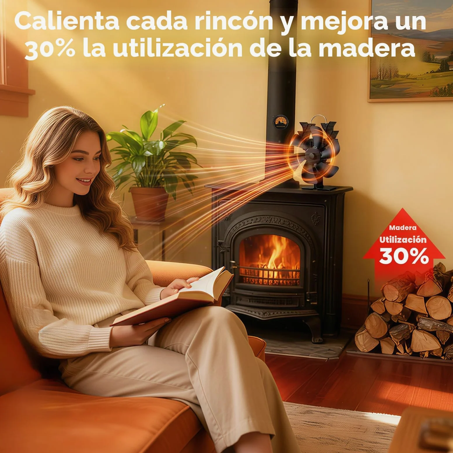 NZQXJXZ Ventilador Estufa Leña 6 Aspas con Termómetro, Alimentado por Calor y Silencioso, Circulación Eficiente de Aire para Chimenea, Estufa de Leña y Hogar, Accesorio de Calefacción
