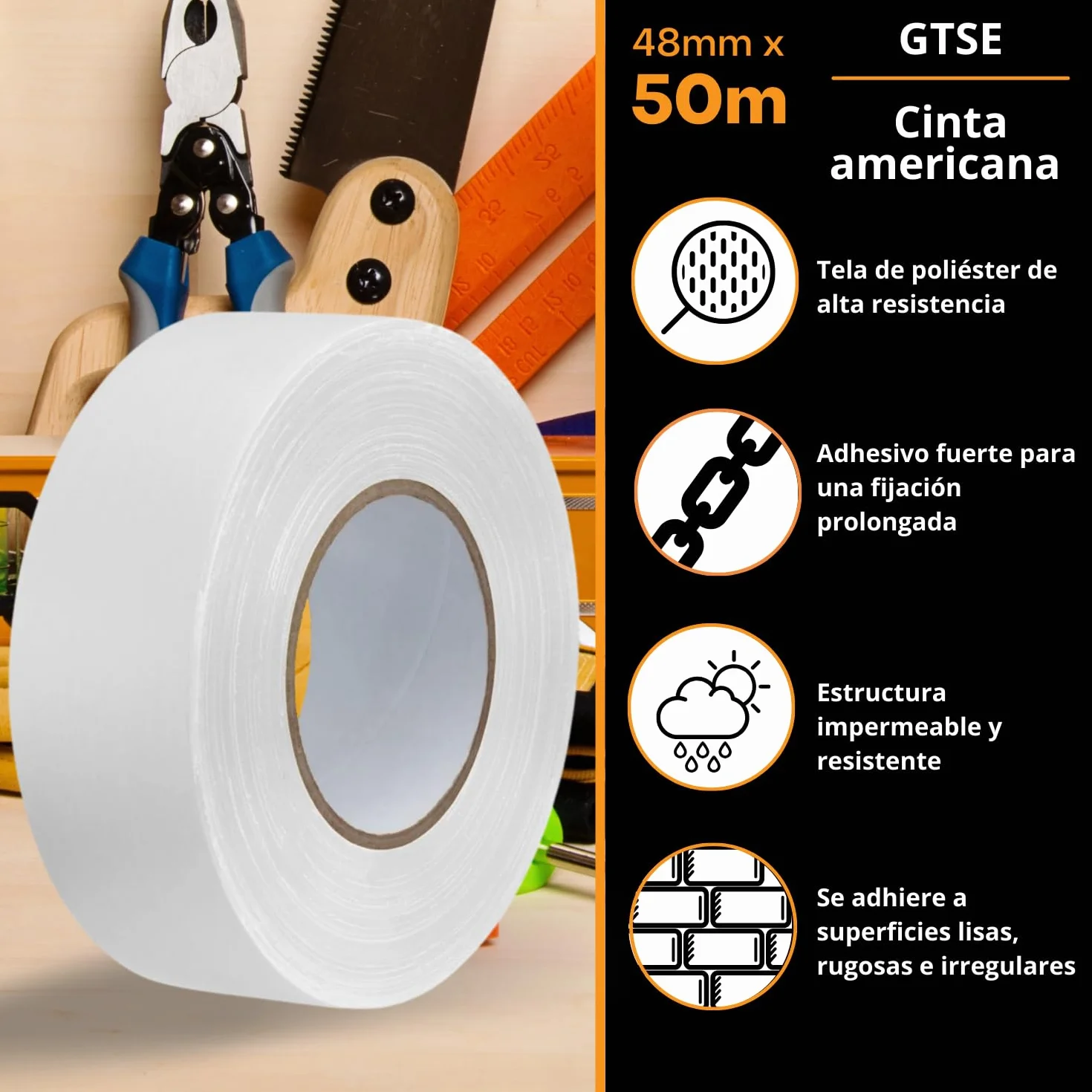 GTSE - Cinta americana blanca de 48 mm x 50 m - Cinta de tela resistente, adhesiva e impermeable - Para reparar, fijar, agrupar, reforzar y sellar - 1 rollo