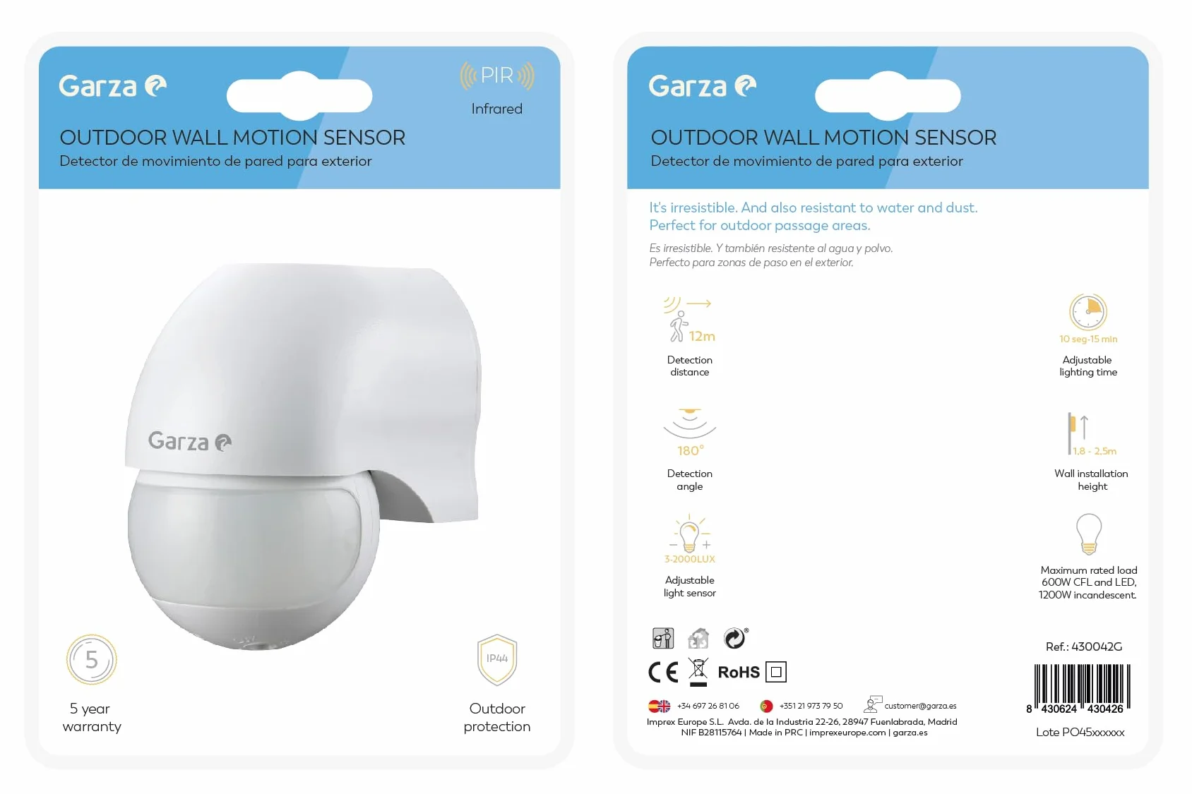 Garza Detector de movimiento por infrarrojos IP44 ángulo detección 180º blanco