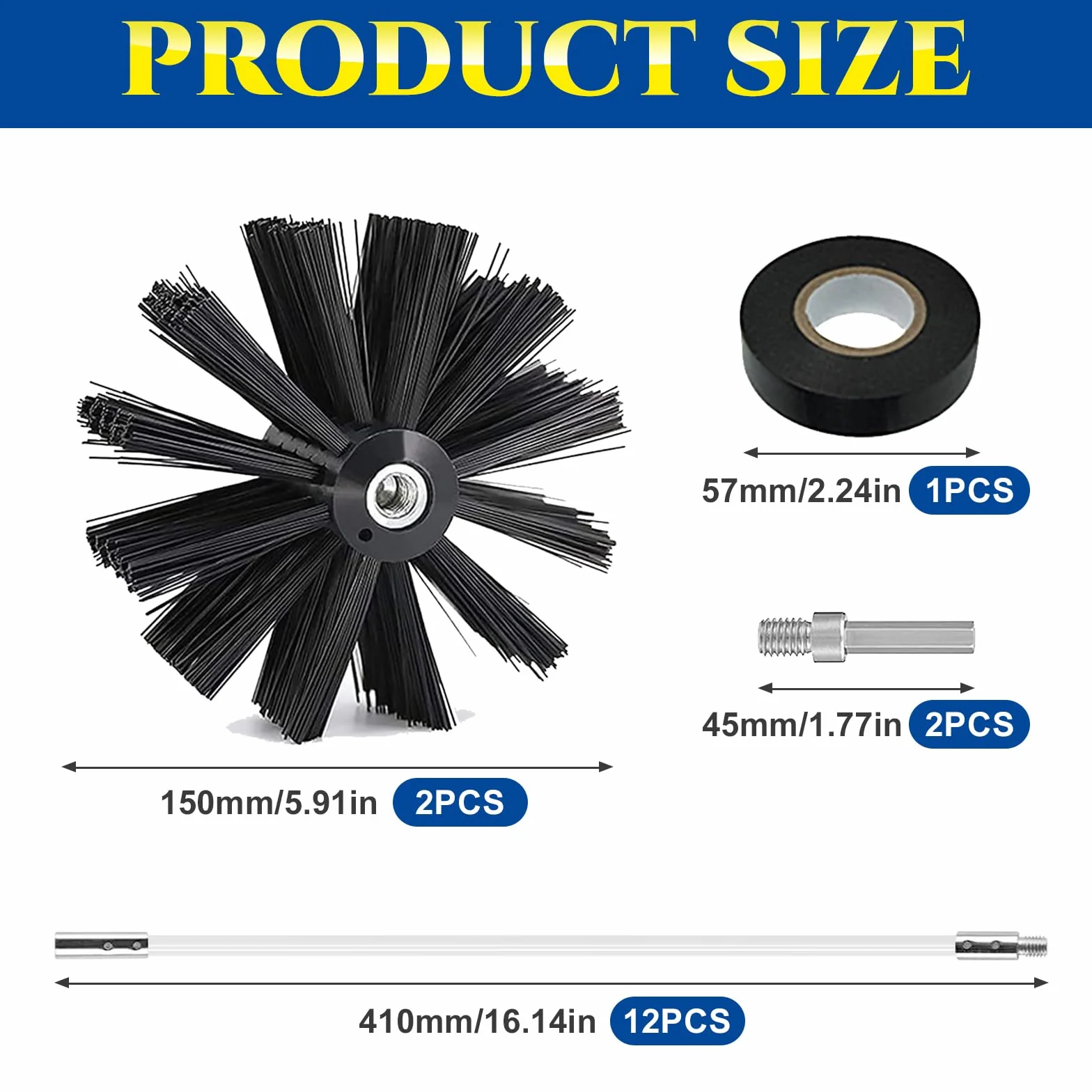 Juego de 17 cepillos para chimenea, cepillo de limpieza para chimenea, incluye 2 cepillos de tubo de estufa de 150 mm de diámetro, 12 barras flexibles de 410 mm, 2 barras hexagonales, 1 cinta adhesiva