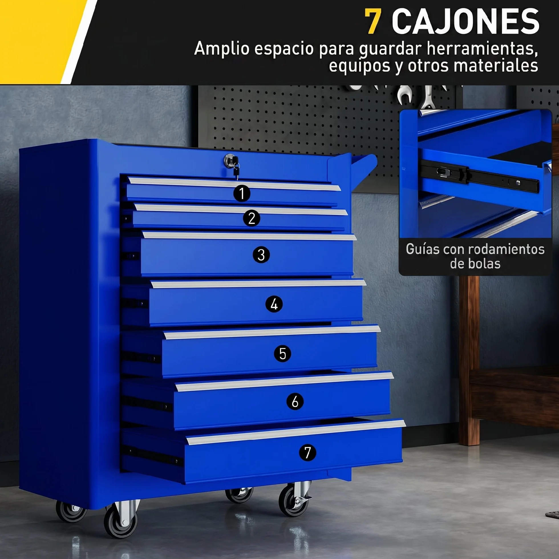 DURHAND Carro de Herramientas 7 Cajones con Cerradura, Asa, 2 Ruedas Freno de Bloqueo, Azul