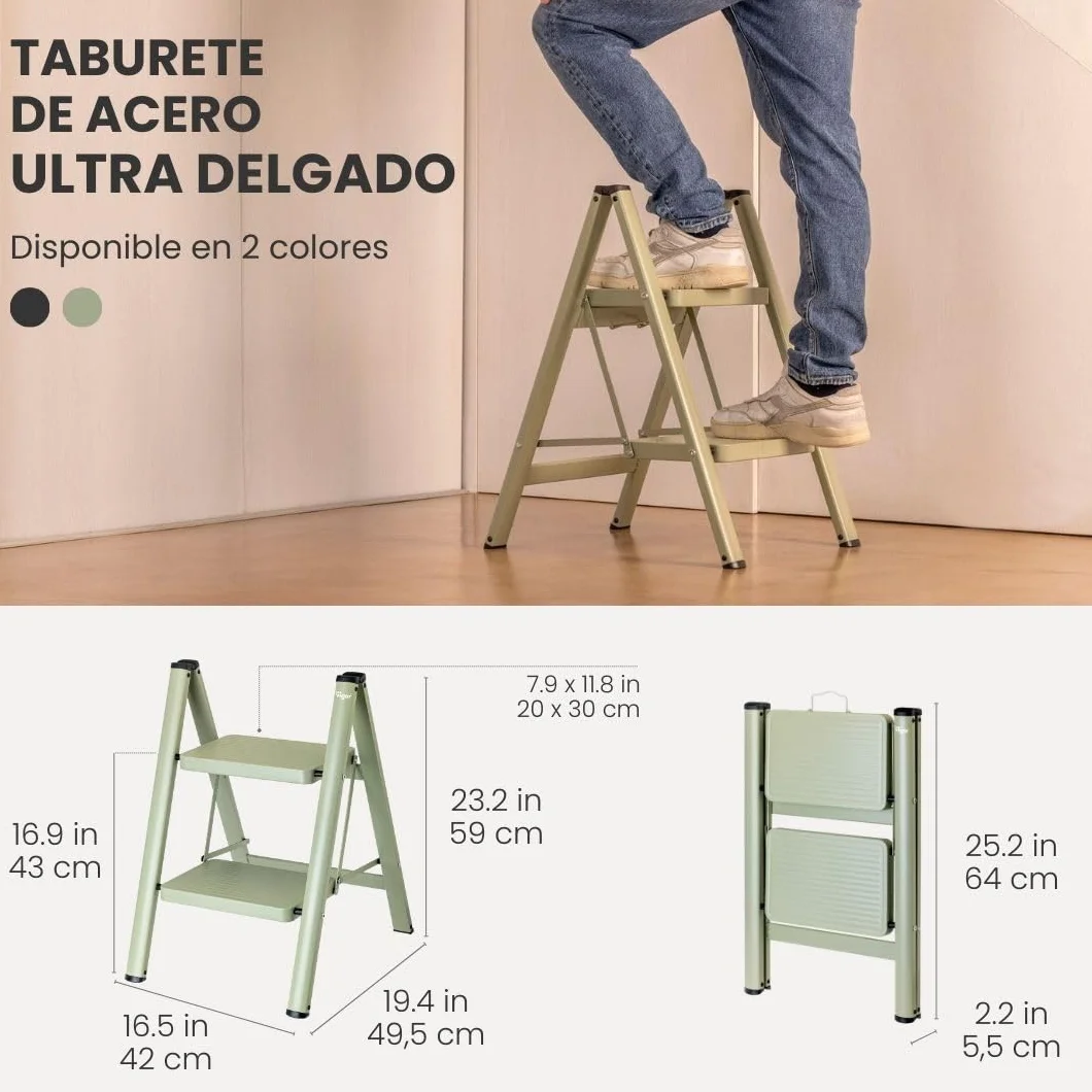 Vigar Escalera Plegable - 2 Peldaños de Acero, Taburete Plegable Portatil Antideslizante con Asa Metal, Taburete Escalera Banquito Step Stool hasta 150 kg, Compacto Ligero para Cocina Hogar - Verde