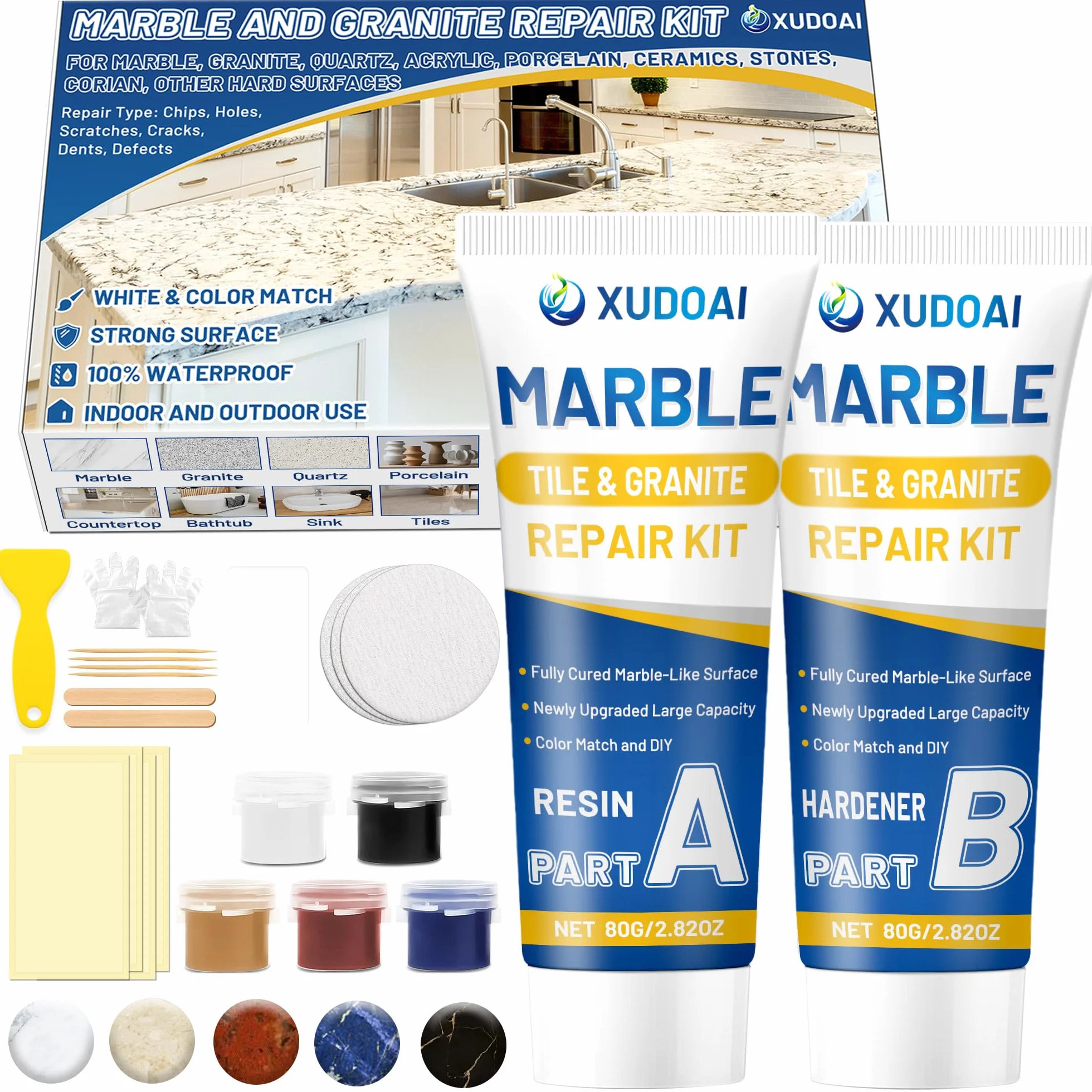 Kit Reparación Mármol y Granito (Coincidencia de Color), 160g Kit Reparación Azulejos Para Astillas Agujeros Abolladuras Defectos Grietas, Fijar Cuarzo Fregadero Piedra Otras Superficies Duras