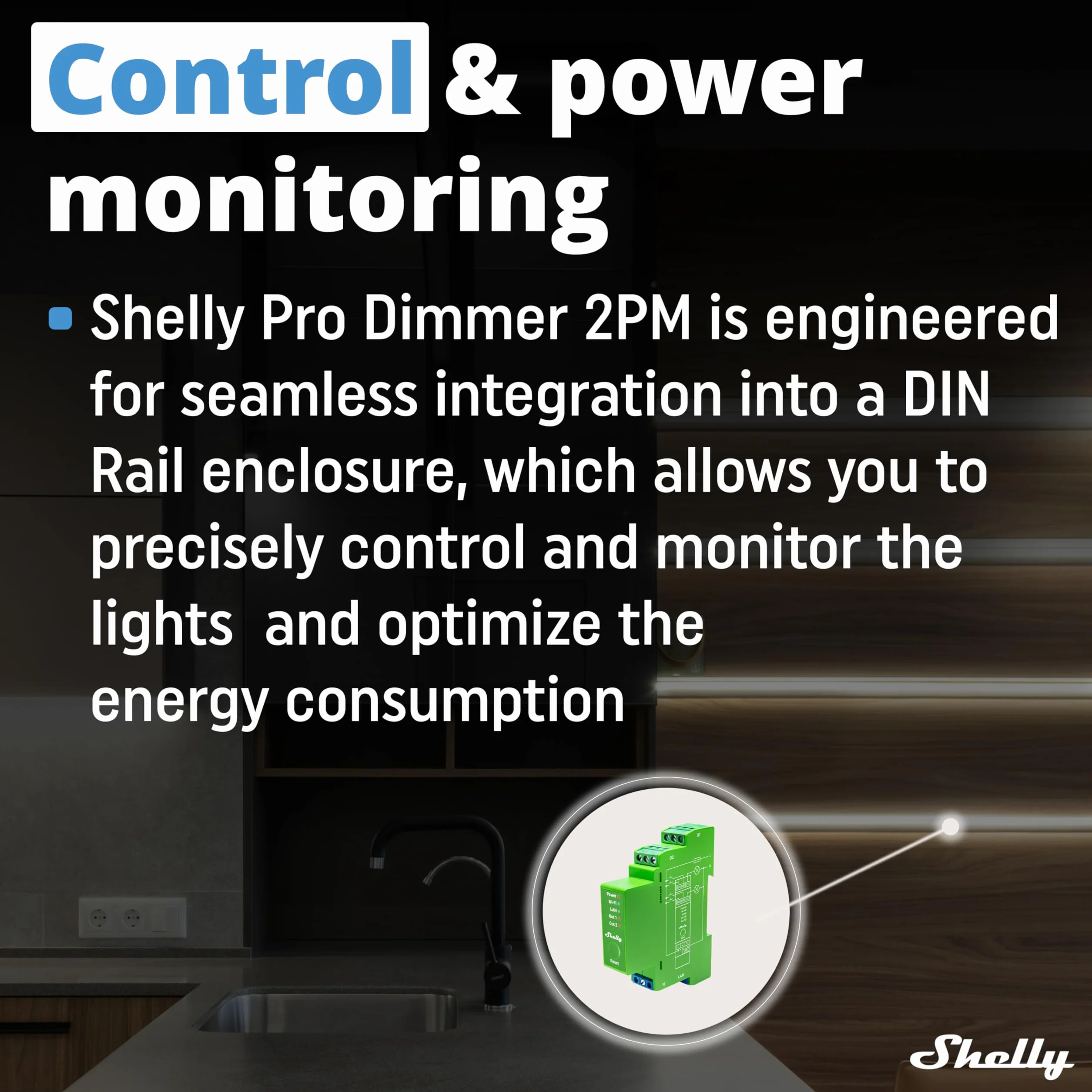 Shelly Pro Dimmer 2PM – Regulador de Luz Wi-Fi y LAN con Medidor de Consumo, 2 Canales (x 200W), Montaje en Riel DIN, Compatible con Bombillas Halógenas y LED, Alexa y Google Home, App iOS y Android
