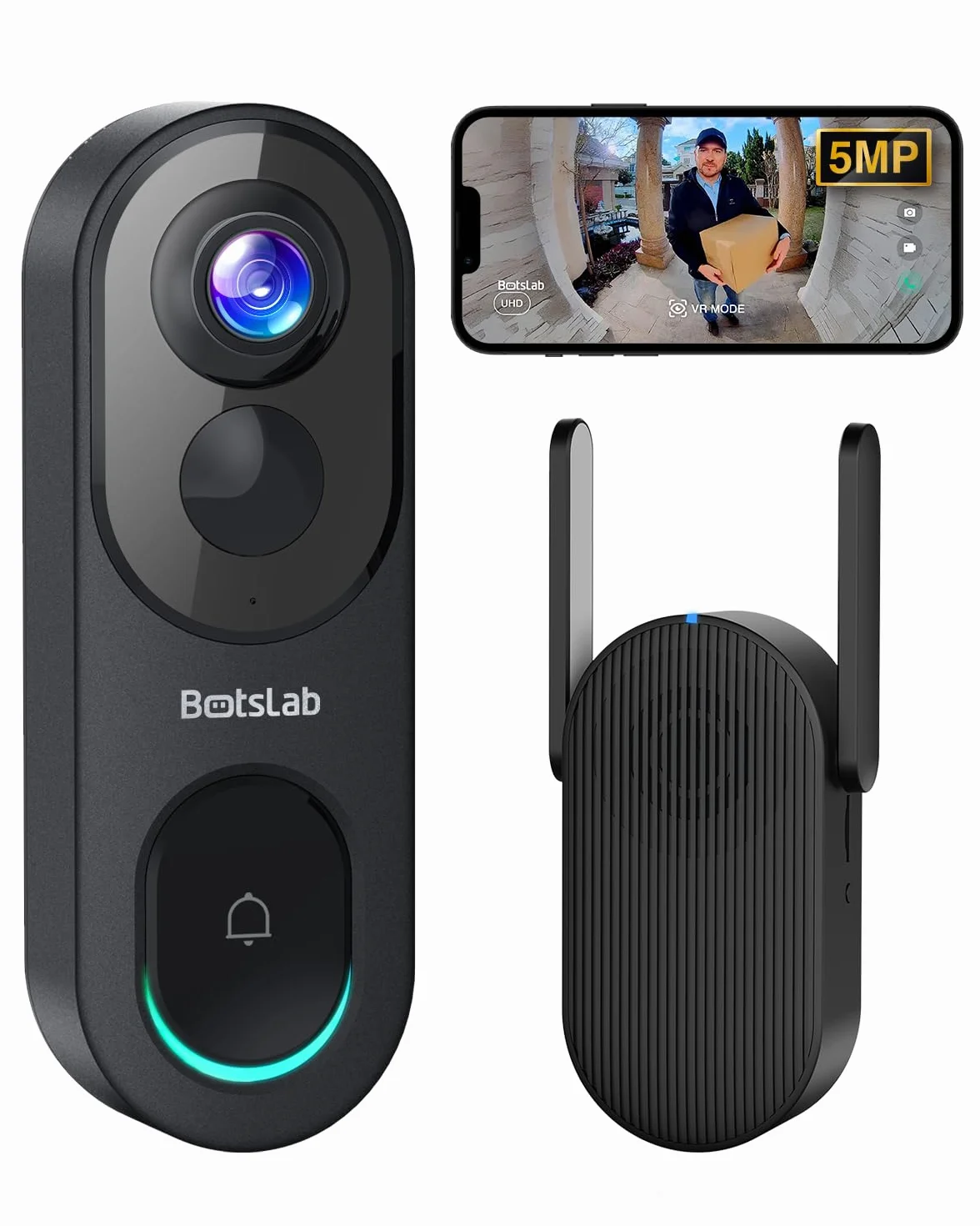 BOTSLAB Timbre Inalámbrico con Cámara, 5MP, Visión 180°, 150 Días de Duración de la Batería, Sin Cuota Mensual, Audio bidireccional, Detección de Personas, Impermeable, alertas, 2.4GHz WiFi