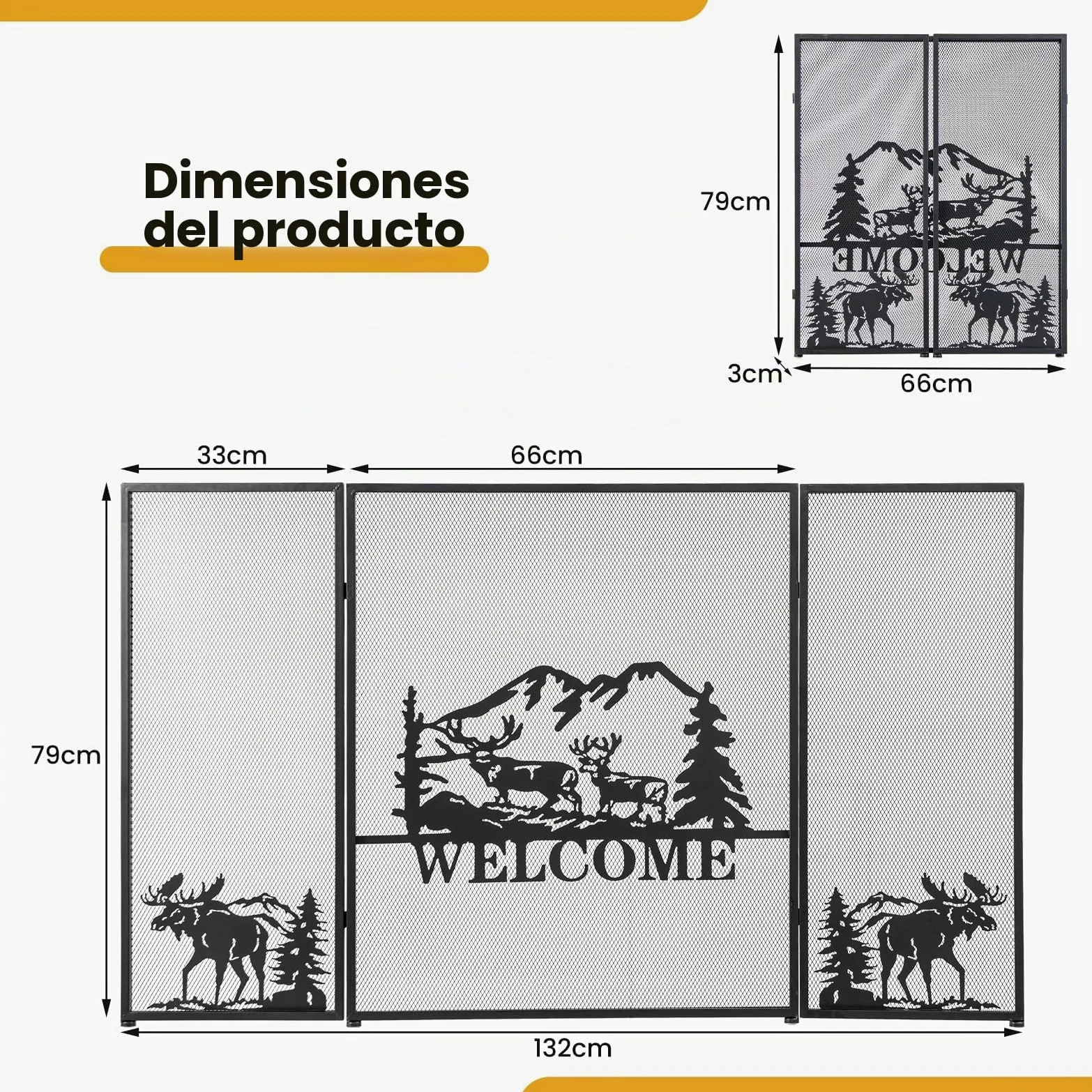 GIANTEX Pantalla de Chimenea Plegable con 3 Paneles, 132 x 79 cm, Salvachispas Chimenea de Metal para Aislamiento de Chispas y Cenizas, Rejilla Protector de Chimenea para Niños y Mascotas (Welcome)