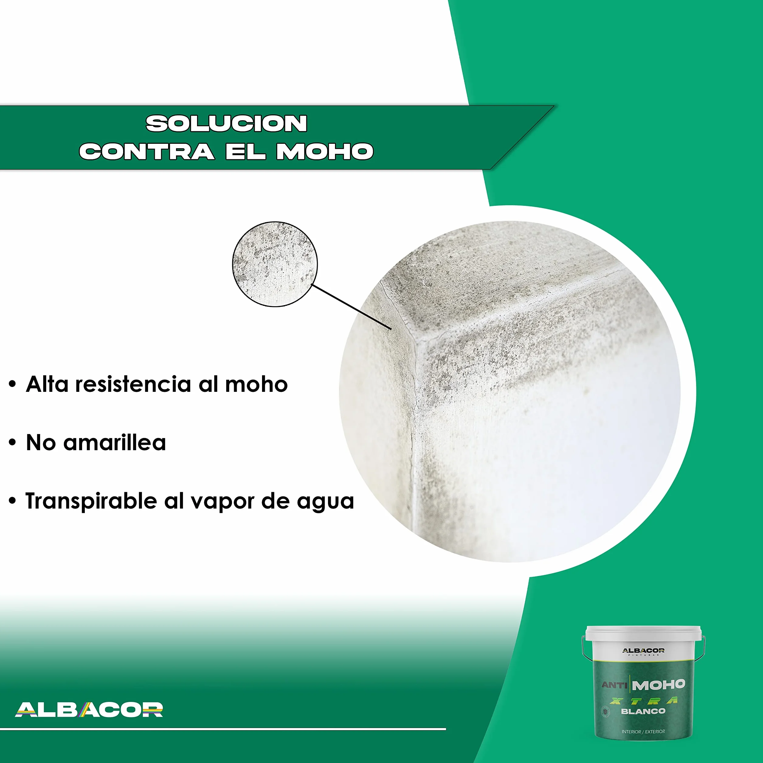 ALBACOR XTRA Pintura Antihumedad Interior - Exterior -5KG-, (Blanco Mate), Pintura Antimoho Para Techos, Baños, Cocinas, Poco Salpicado, Evita la Aparición de Moho