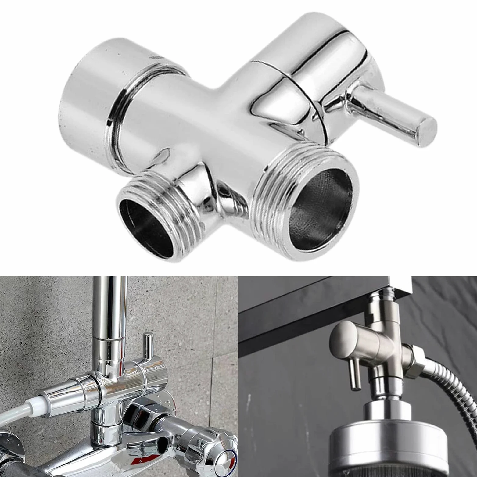 Válvula de inversión de 3 vías - Grifo de ducha - Adaptador de grifo de baño - Cromo pulido - 3/4" 1/2" - Adaptador en T para lavabo, baño, ducha - Cocina