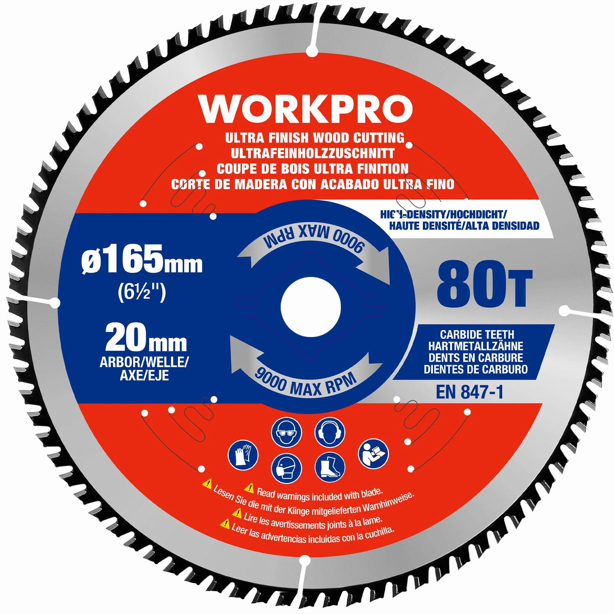 WORKPRO Sierra Circular 165 x 20 mm 80 dientes, TCT Disco de Corte para Madera, Madera Contrachapada, MDF, Paneles de Yeso, Laminado, Plástico