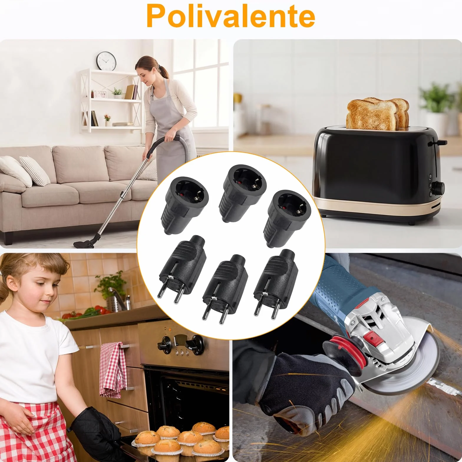 Kit de 3 Enchufes Schuko 250V IP44 16A 2 Polos Carcasa de Goma Negro