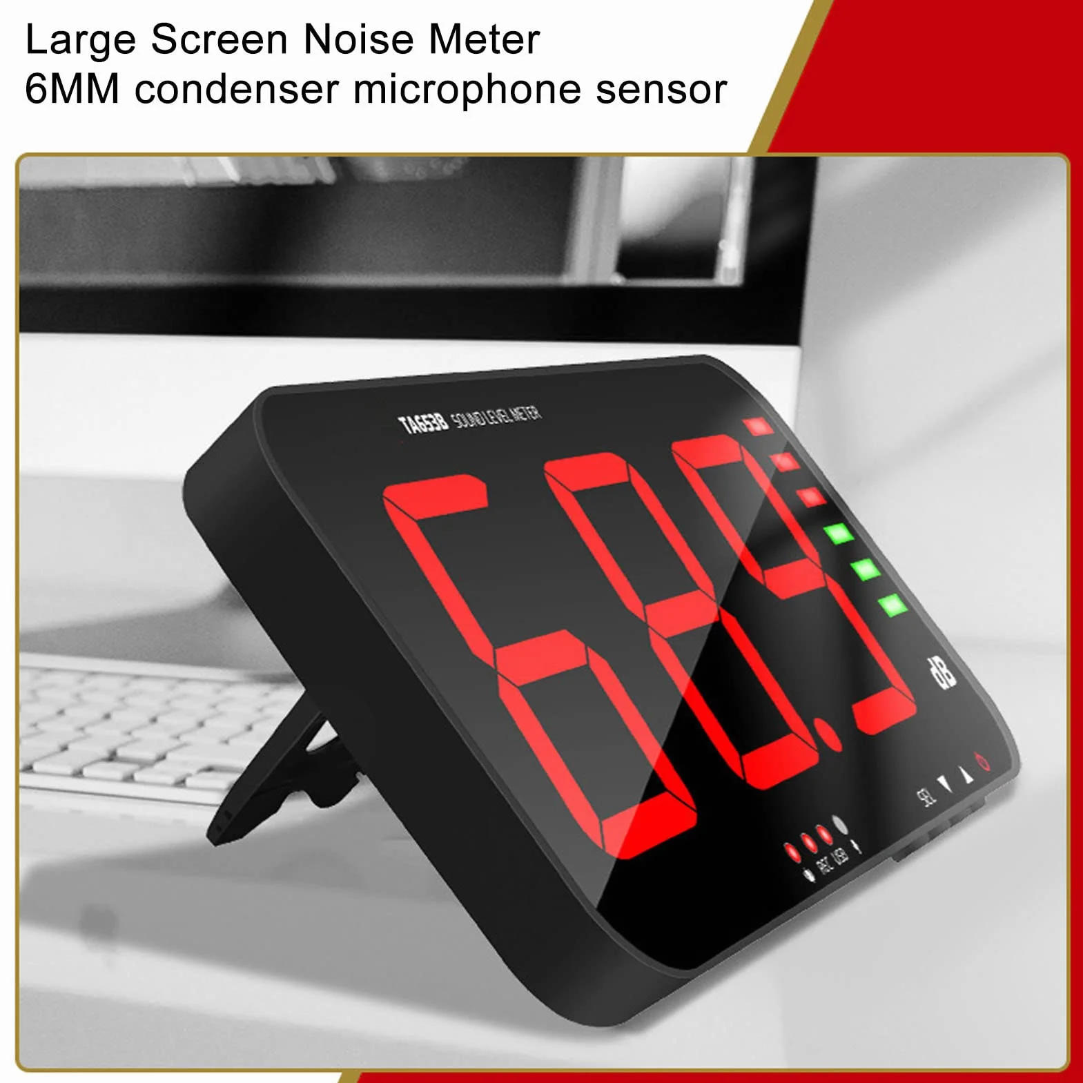 30dB-130dB DC5V 1A Medidor de Decibelios Micro USB TA654B Pantalla de 13 Pulgadas Pantalla de 3 Dígitos Medidor de Nivel de Sonido Colgador de Pared Lector de Decibelios Digital