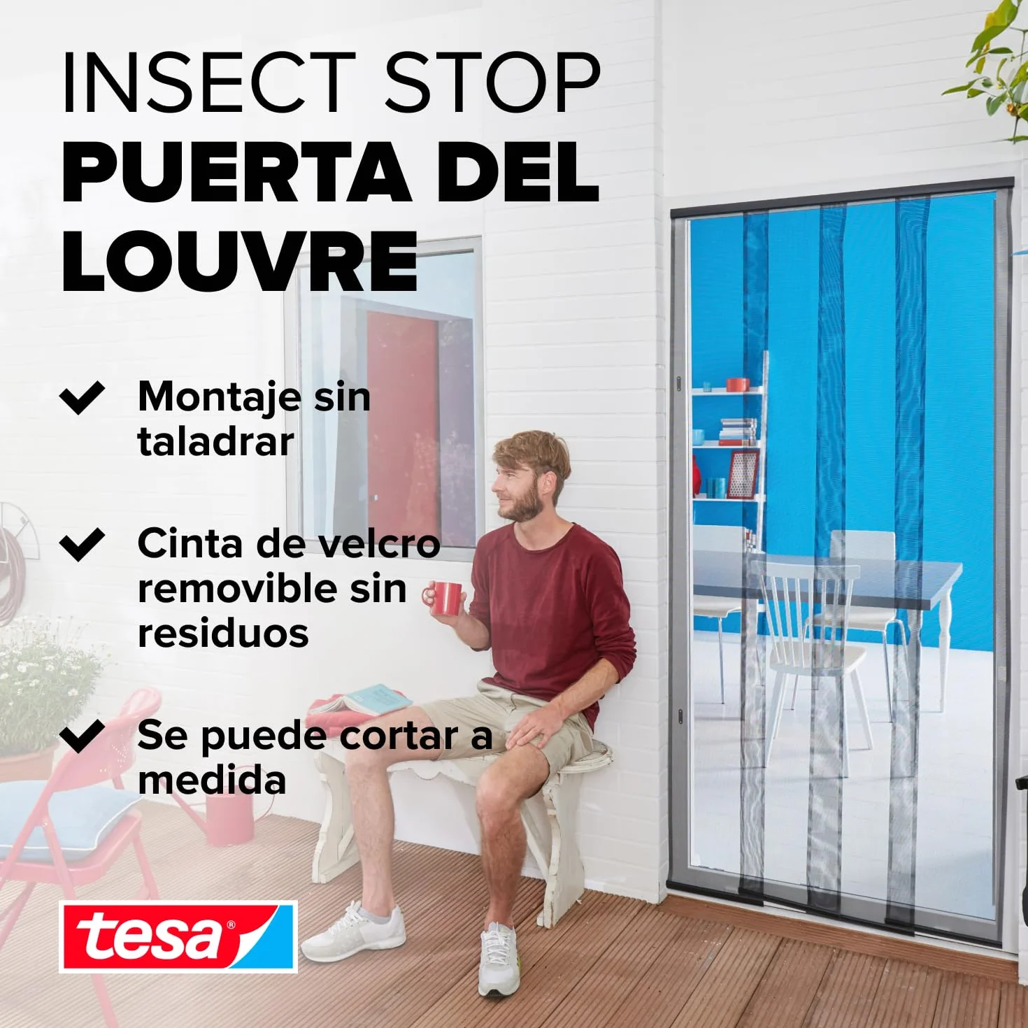 tesa Insect Stop Cortinas STANDARD para Puertas, Mosquitera de 4 Piezas con Cinta Adhesiva de Gancho y Bucle, Sin Necesidad de Taladrar, Blanca, 95 cm x 220 cm