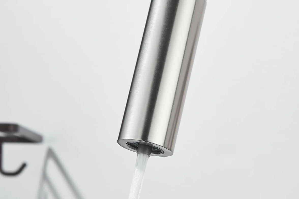 Grifo de cocina de 3 vías Slender con ducha extraíble, caño giratorio 360°, conexión para filtro de agua, acero inoxidable