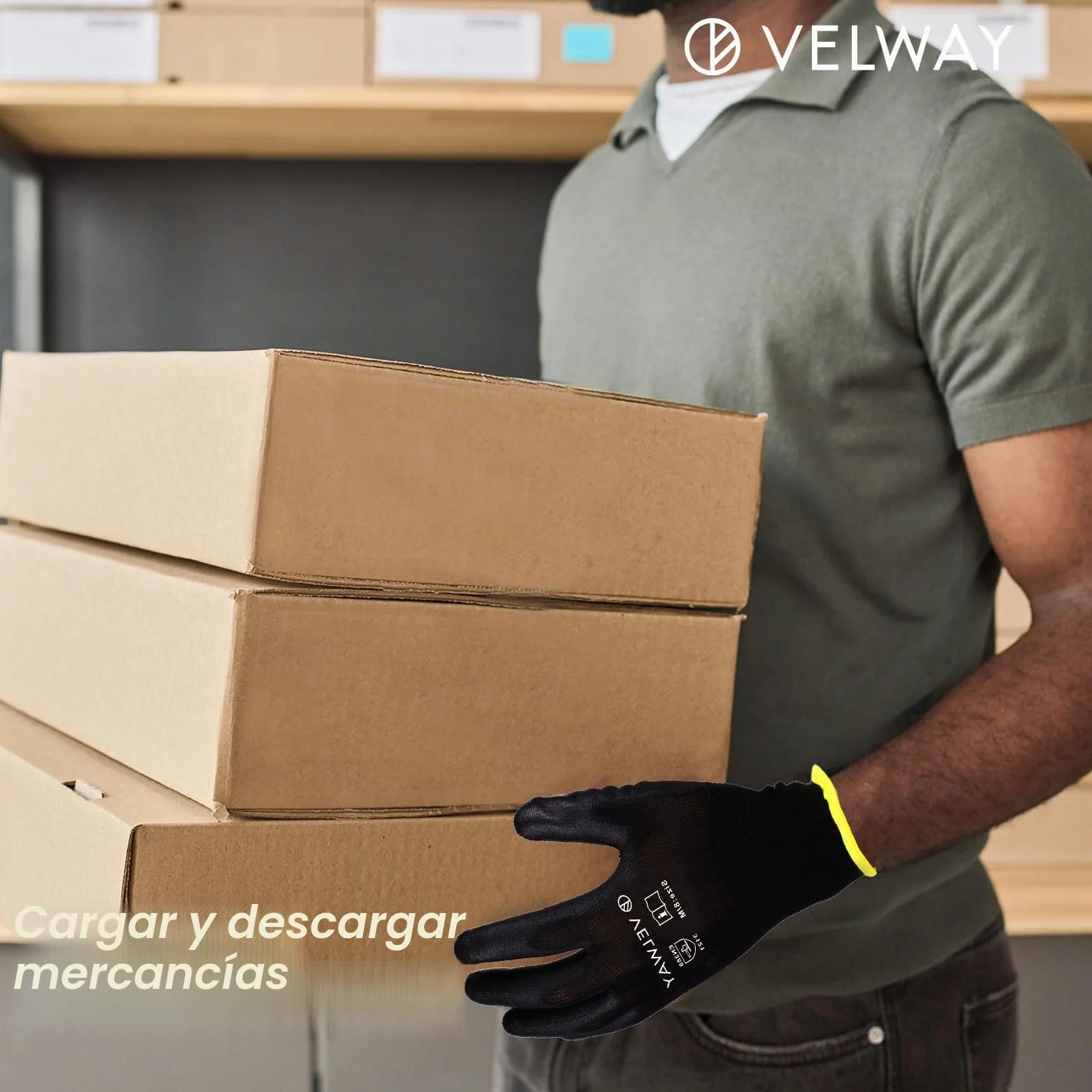 Velway Guantes de Trabajo Talla 8 Alta Resistencia Recubrimiento Poliéster PU Protección Mecánica Negro