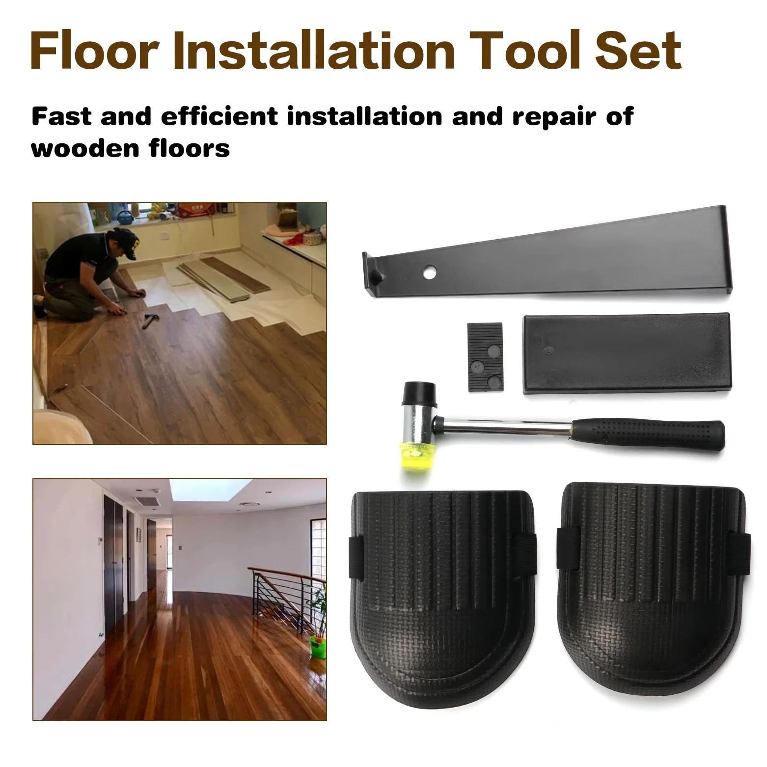 Kit de instalación de suelos de madera laminada, kit de reparación de suelos, herramienta de montaje de suelos de tablones con 40 espaciadores, barra de tracción, bloque de roscado sólido, mazo