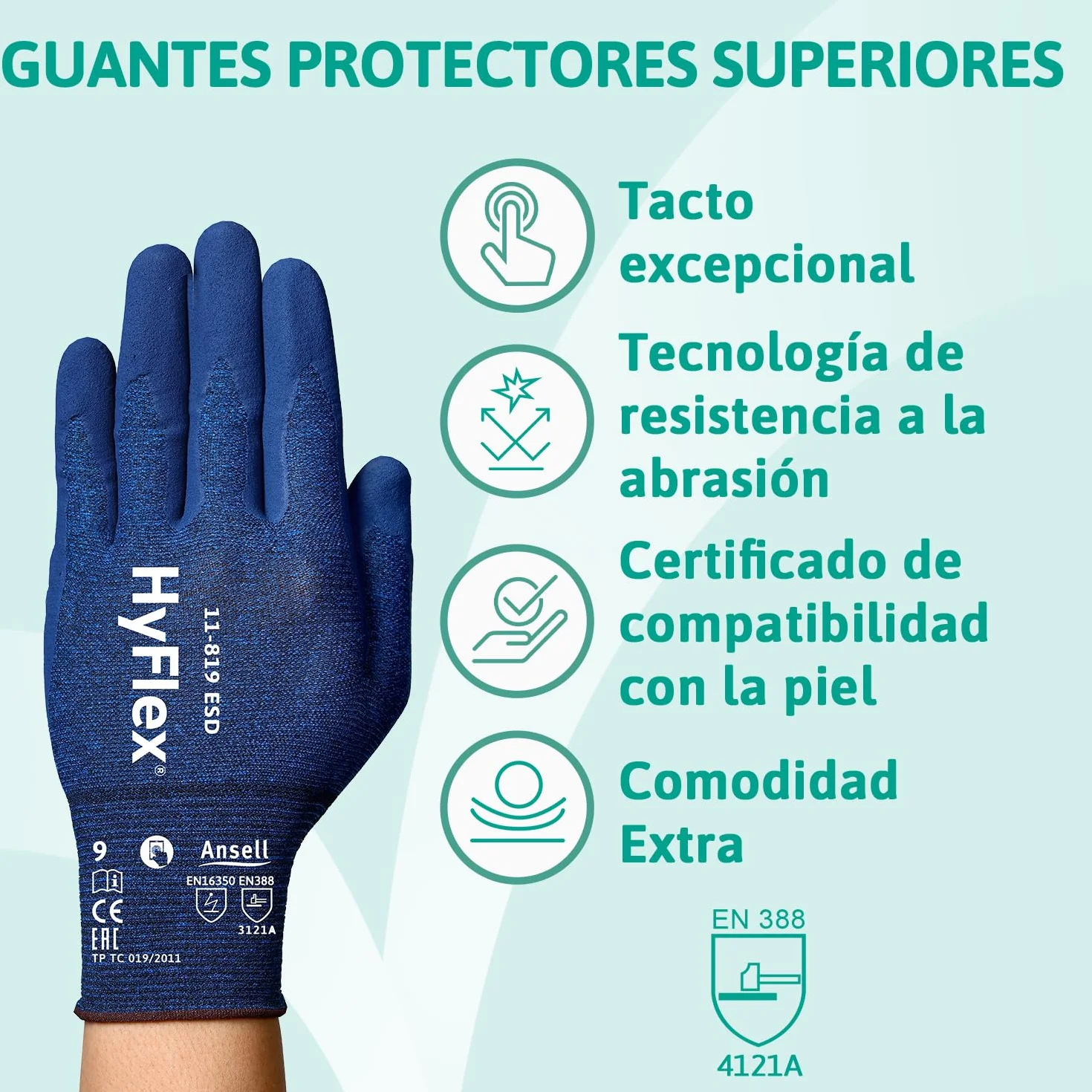 Ansell HyFlex 11-819 Guantes Trabajo Electricista Nitrilo ESD Antiestatico Touchscreen Azul Talla L 12 Pares
