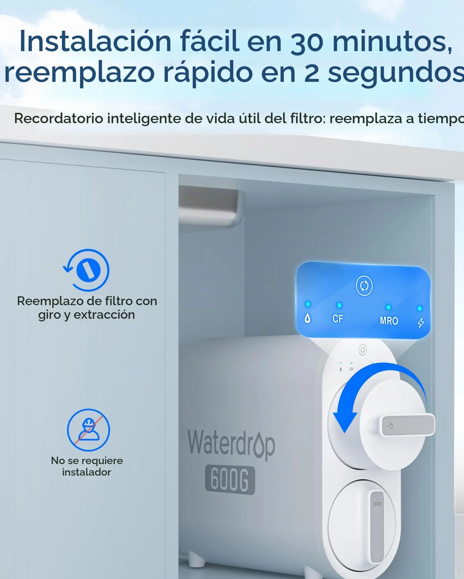 Waterdrop Filtro WD-G2CF, 12 Meses de Vida útil, reemplazo para el Sistema de ósmosis inversa WD-G2-B, WD-G2-W