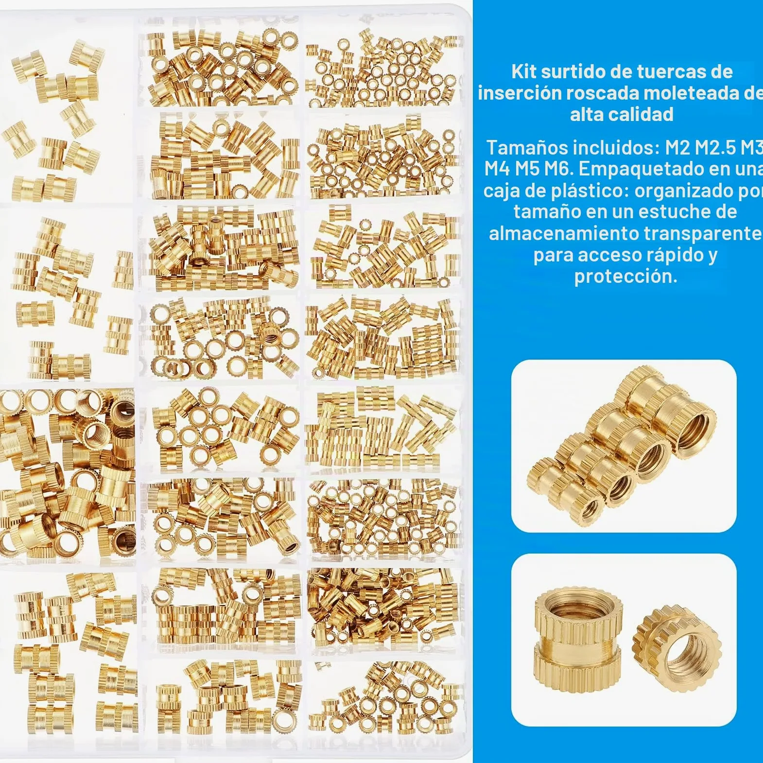 Gueenky 480 Piezas Tuercas Moleteadas de Latón, M2 M2,5 M3 M4 M5 M6 Tuercas de Inserción Insertos Roscados, 20 Tamaños Tuercas de Incrustación para Moldeo por Calor o Ultrasonido en Impresora 3D
