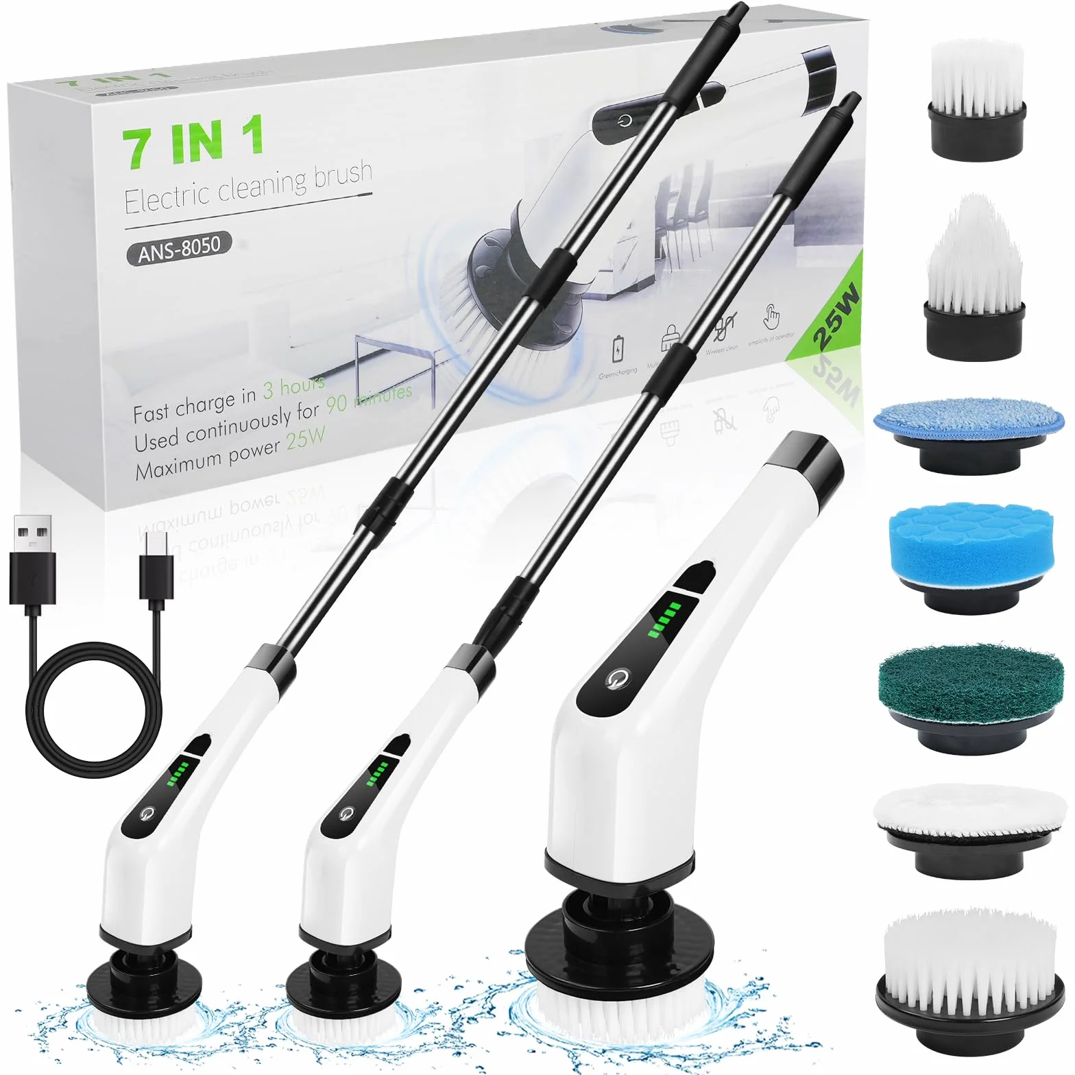 OSDUE Cepillo de Limpieza Electrico, Cepillo de Limpieza Inalámbrico con 7 Cabezales Reemplazables, Fregadora Giratoria Eléctrica Adjustable Extension Handle, para Bañera, Azulejo, Piso, Baño Pared