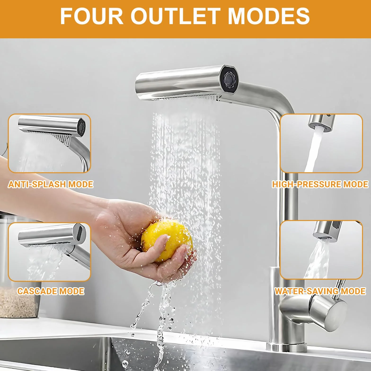 Grifo de Cocina con Cascada, Grifo Giratorio de Acero Inoxidable con 4 Modos de Chorro y Boquilla Extraíble
