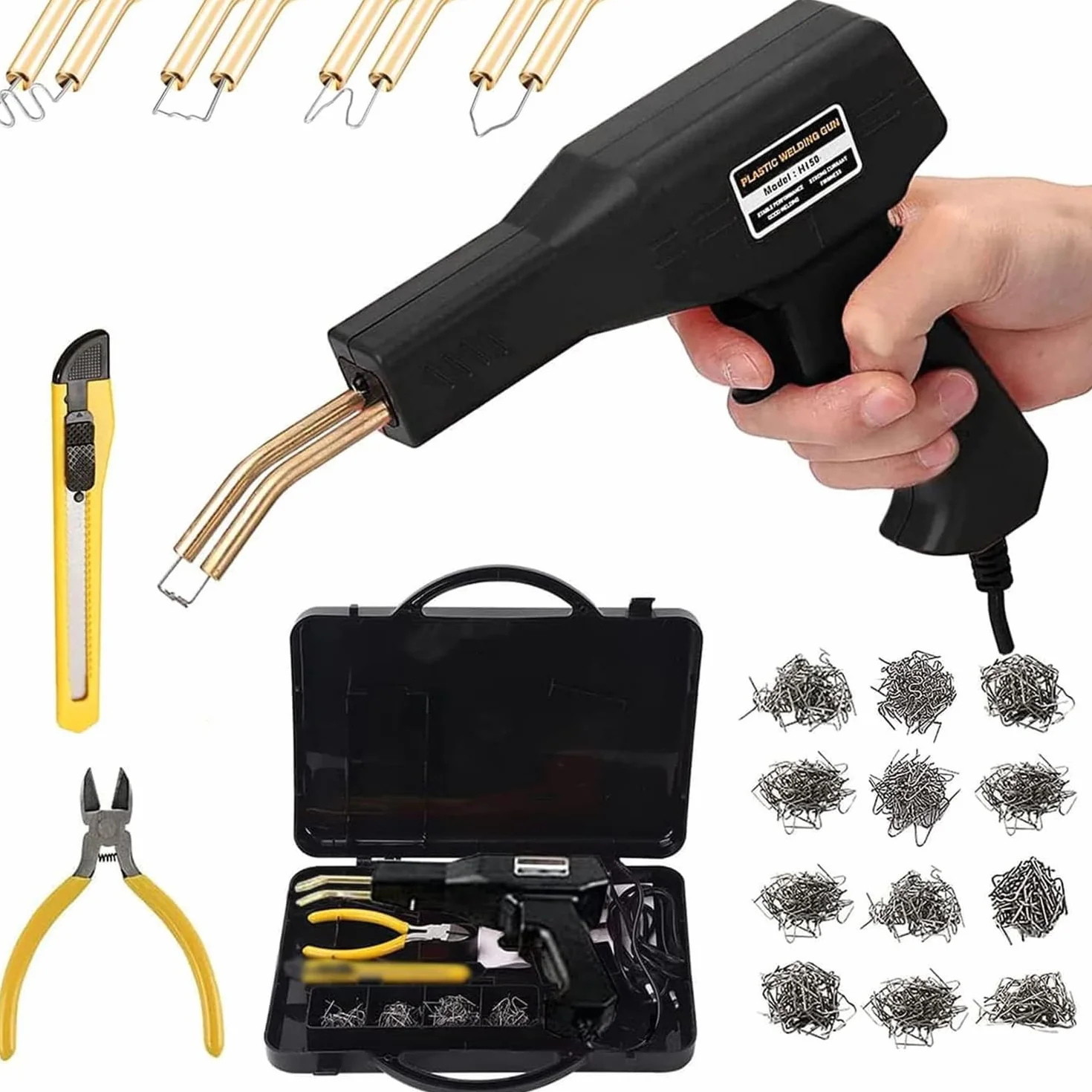 150W Plástico Soldadura Máquina Coche parachoques reparación Kit,800PCS calientes Grapadoras plástico Soldadura Reparando Kit Para Kayac/Plástico producto/Canoa,plano/Fuera interior Esquina/Ola Grapas