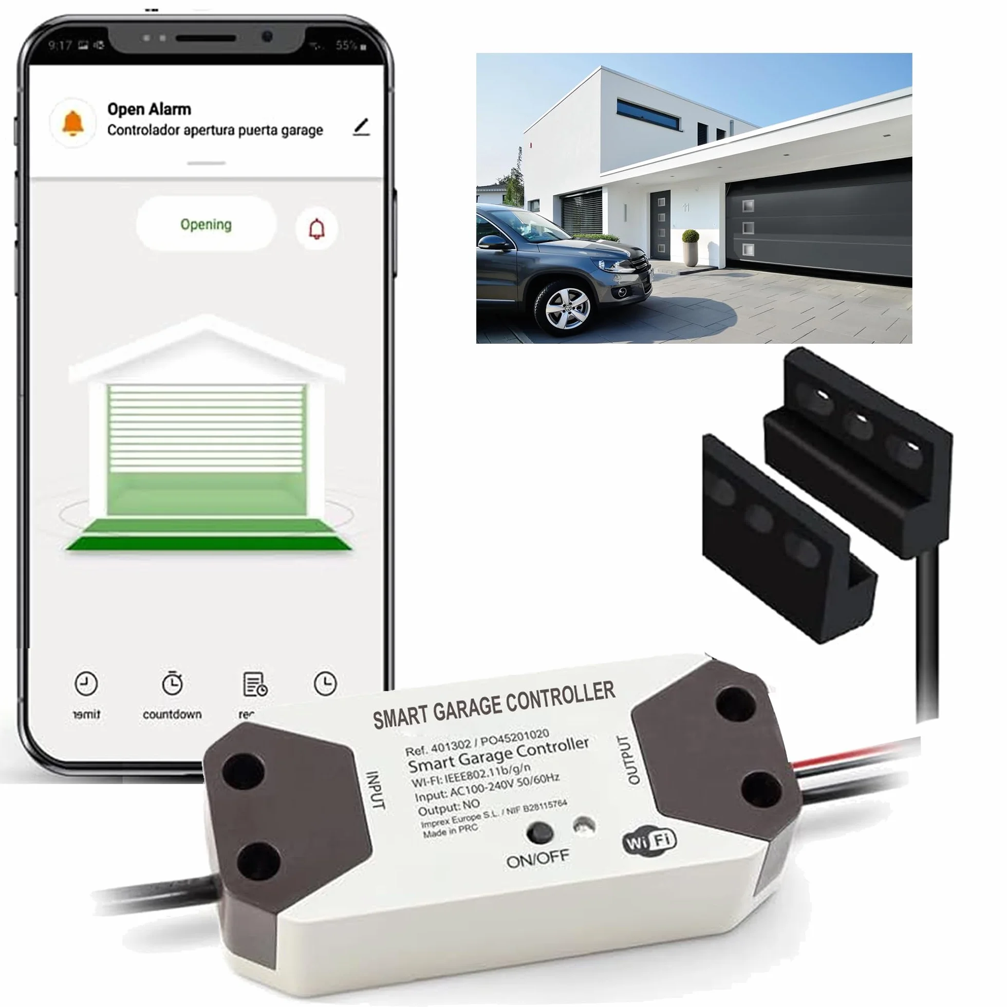 DOMO-MATIC Controlador Inteligente de Puerta de Garaje WiFi 2.4 GHz compatible con Alexa, Google, Tuya, con Sensor de Estado, 220V 12-24VDC (220 V (EU PLUG))
