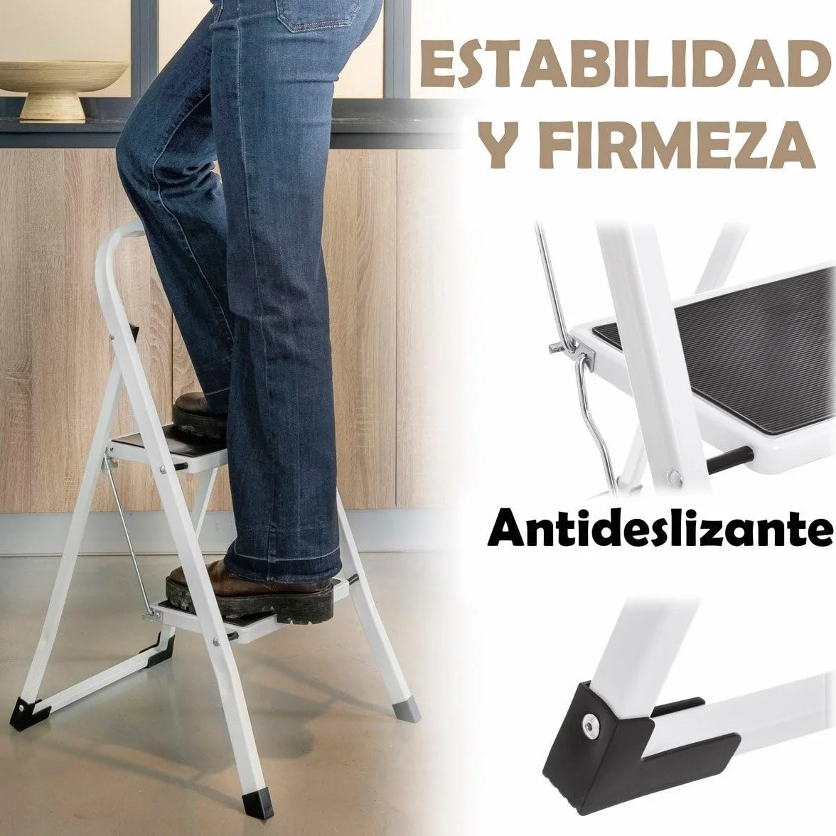 LOLAhome - Escalera Plegable de 2 peldaños Antideslizantes en Acero Blanco de 82 cm. Diseño Seguro y Ligero con asa, soporta 150 kg. Alcanza altillos o cuelga Cortinas fácilmente.