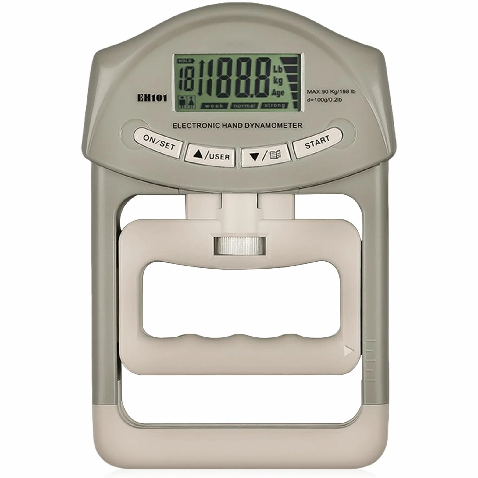 Medidor digital de mano de 198 lb/90 kg, dinamómetro de mano, con cable de carga USB, agarre electrónico, medidor de fuerza de agarre, pantalla LED grande, color gris y blanco