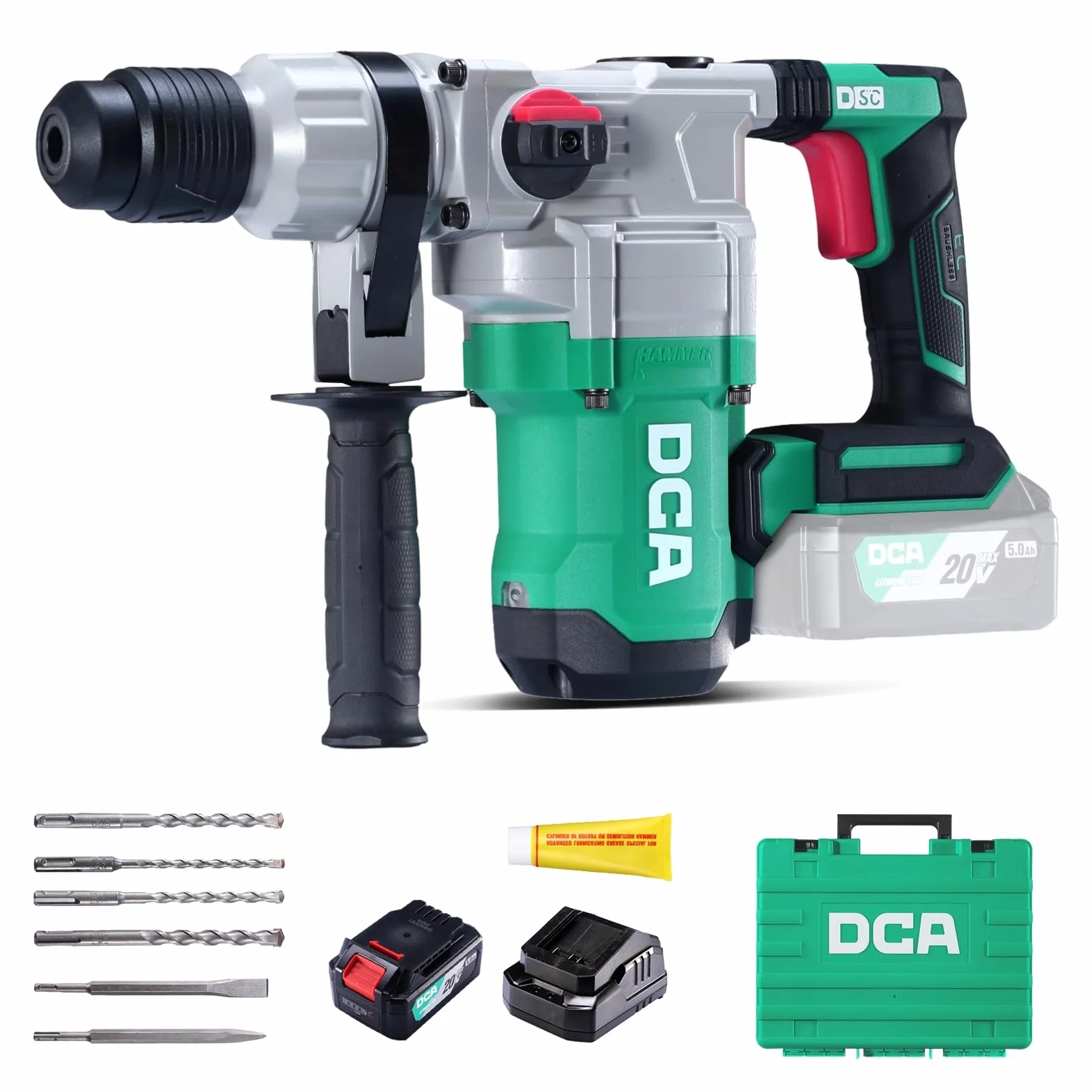 DCA Martillo Perforador sin Cable 20V, 4.5 J de Energía de Golpe y 3800 BPM, 4 Piezas 28mm SDS-Plus, Motor de Alto Rendimiento para Martillo Perforador sin escobillas, Batería 5.0Ah, Cargador Rápido 4