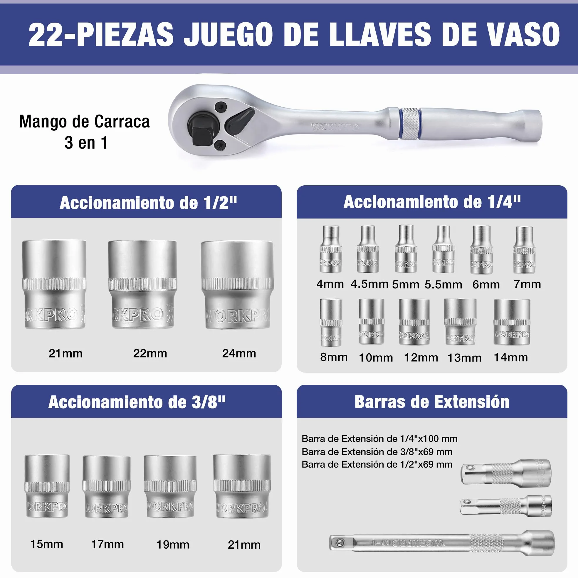 WORKPRO Caja Herramientas, Juego de Llaves de Vaso de 22 Piezas con Mango de Trinquete, Llave de Carraca de 1/4”, 3/8”, 1/2”, Llaves de Vaso Métricas de Acero C-V con Barras de Extensión, con Estuche